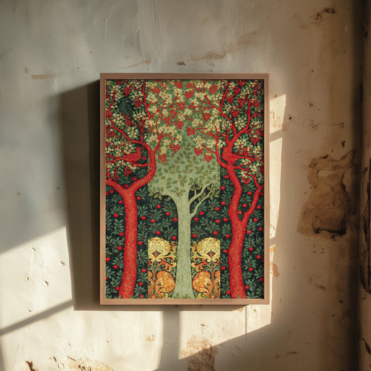 Red Tree Pomegranate Tapestry Art Print - Scottish Book of the Woodlands Poster - Arts Crafts Illustration V4 1/3