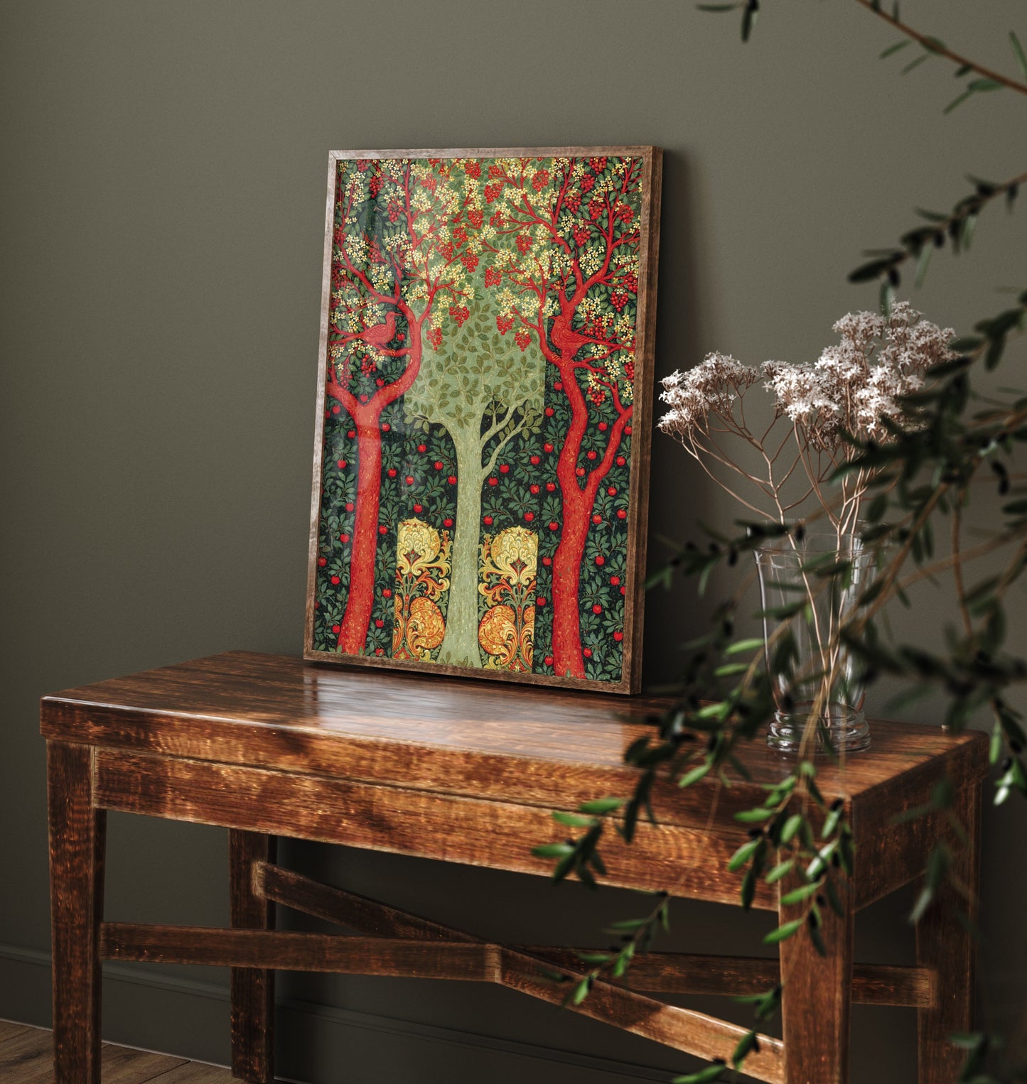 Red Tree Pomegranate Tapestry Art Print - Scottish Book of the Woodlands Poster - Arts Crafts Illustration V4 1/3