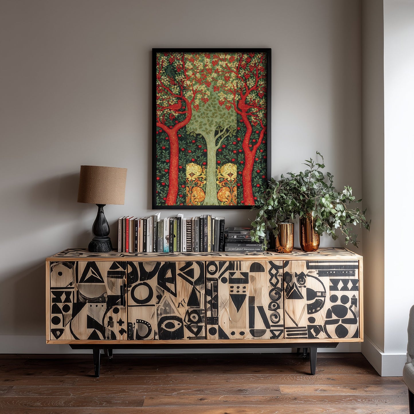 Red Tree Pomegranate Tapestry Art Print - Scottish Book of the Woodlands Poster - Arts Crafts Illustration V4 1/3