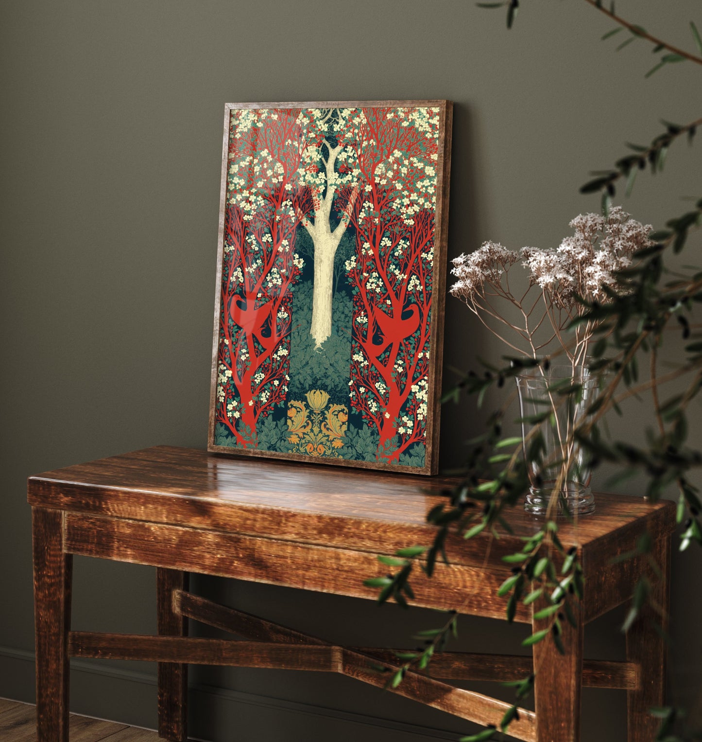 Red Forest Deer Tapestry Art Print - Scottish Book of the Woodlands Poster - Arts Crafts Illustration V4 2/3
