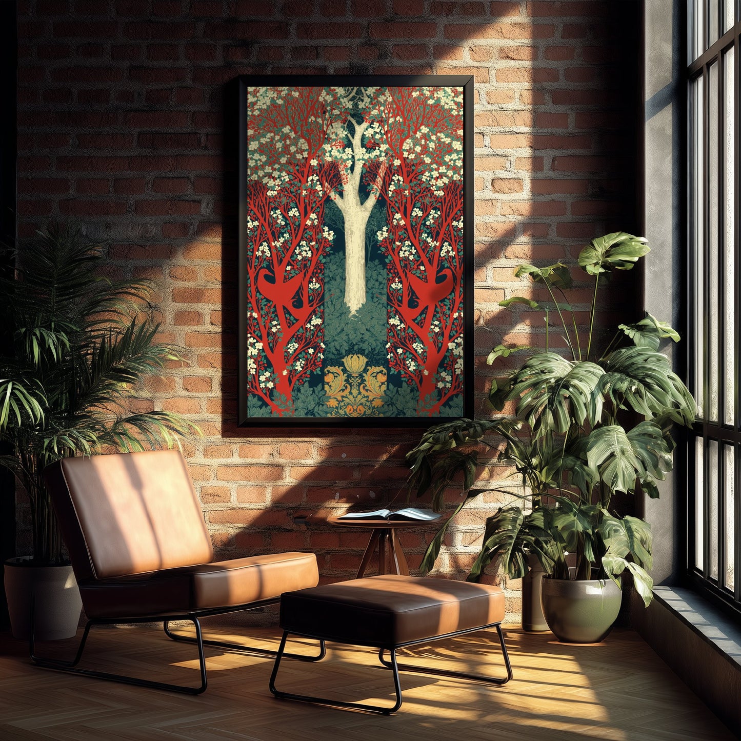 Red Forest Deer Tapestry Art Print - Scottish Book of the Woodlands Poster - Arts Crafts Illustration V4 2/3