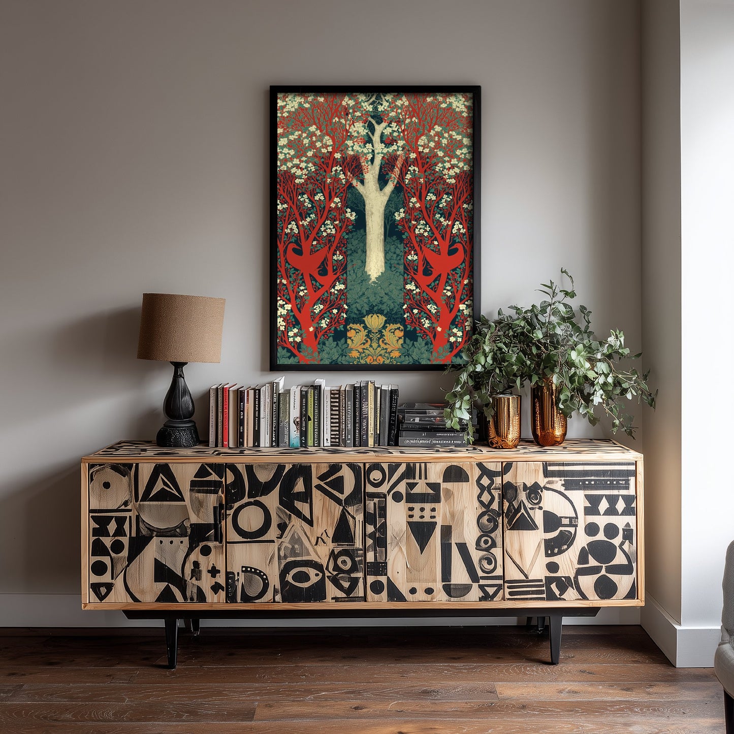 Red Forest Deer Tapestry Art Print - Scottish Book of the Woodlands Poster - Arts Crafts Illustration V4 2/3