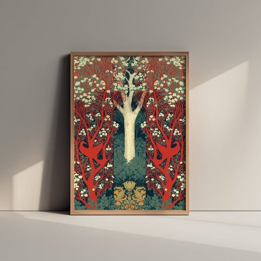 Red Forest Deer Tapestry Art Print - Scottish Book of the Woodlands Poster - Arts Crafts Illustration V4 2/3