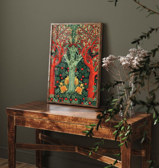 Green Woodland Birds Tapestry Art Print - Scottish Book of the Woodlands Poster - Arts Crafts Illustration V4 3/3