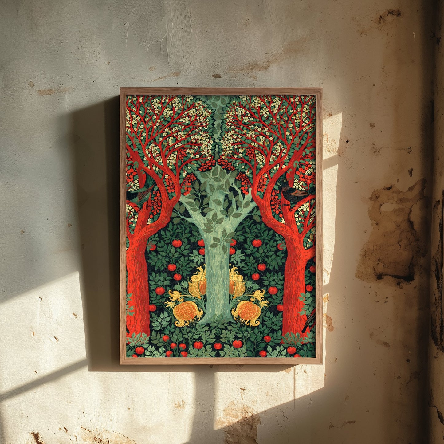Green Woodland Birds Tapestry Art Print - Scottish Book of the Woodlands Poster - Arts Crafts Illustration V4 3/3