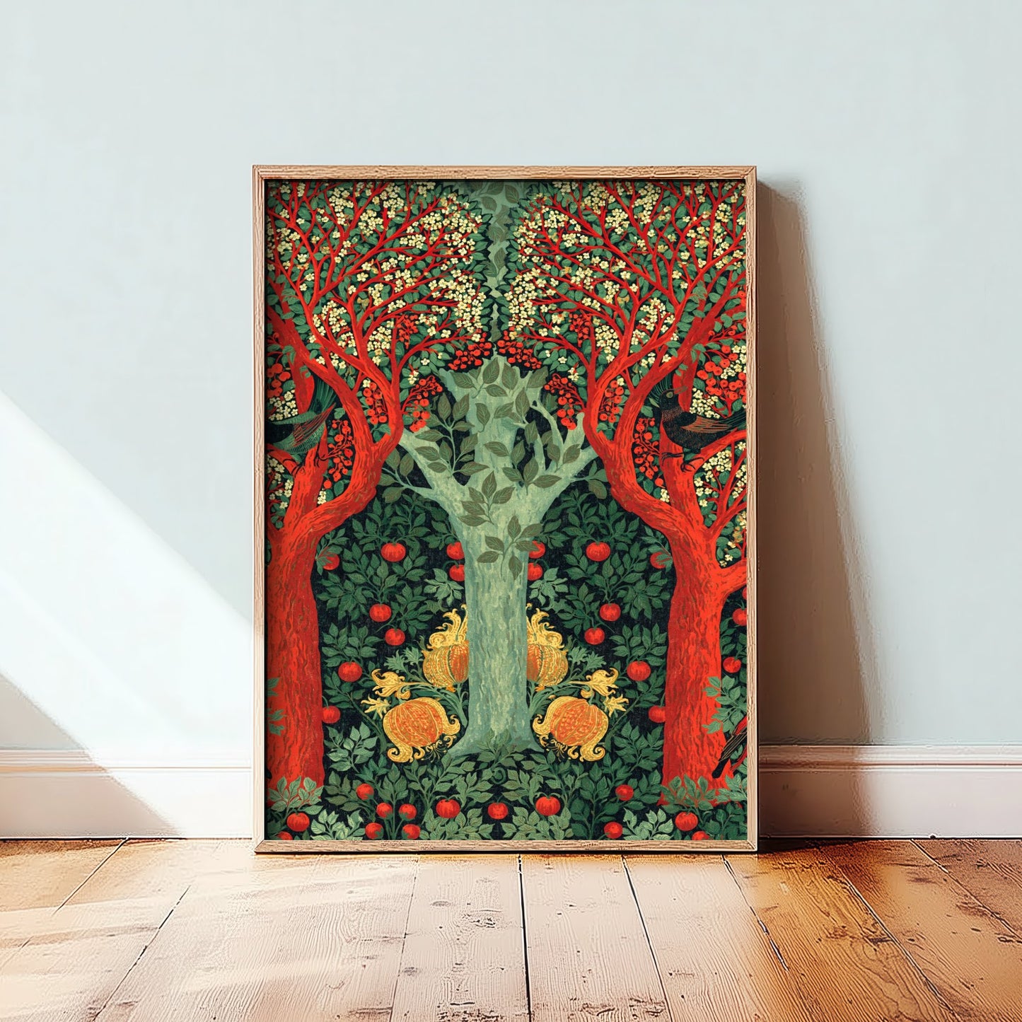 Green Woodland Birds Tapestry Art Print - Scottish Book of the Woodlands Poster - Arts Crafts Illustration V4 3/3
