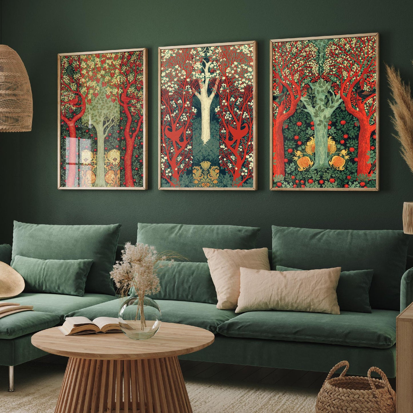 Scottish Book of the Woodlands Set of Three Art Prints - Scarlet and Sage Orchard Posters - Hare Peacock Apple Illustration V4