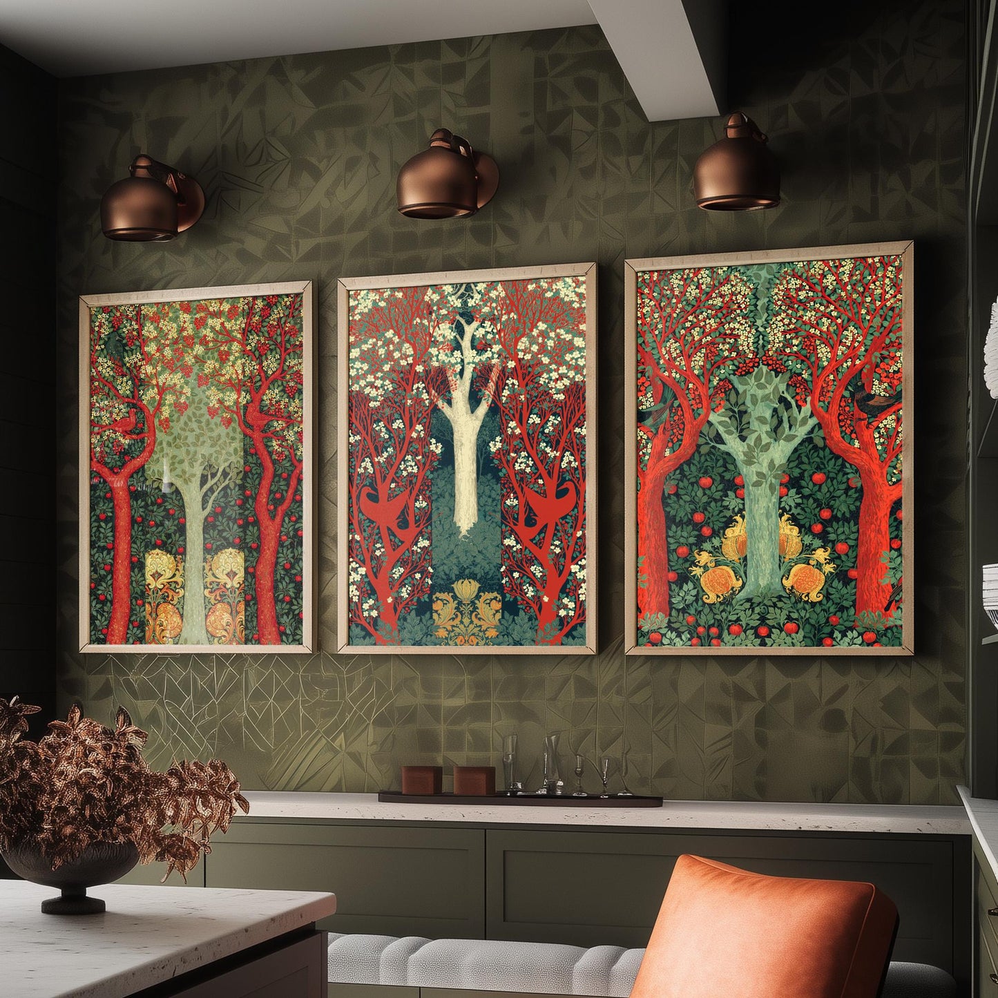 Scottish Book of the Woodlands Set of Three Art Prints - Scarlet and Sage Orchard Posters - Hare Peacock Apple Illustration V4