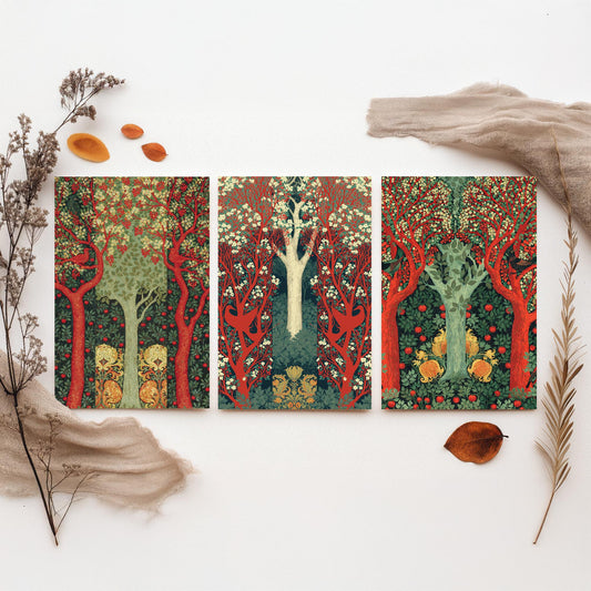 Scottish Book of the Woodlands Set of Three Art Prints - Scarlet and Sage Orchard Posters - Hare Peacock Apple Illustration V4