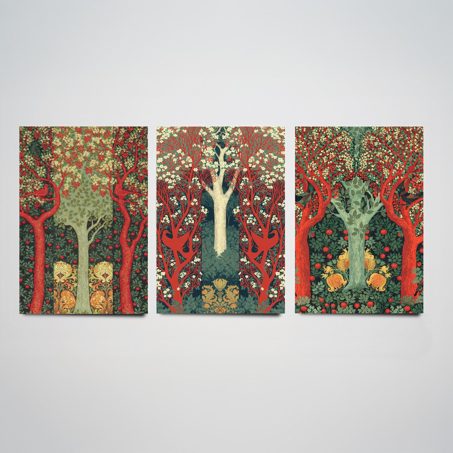 Scottish Book of the Woodlands Set of Three Art Prints - Scarlet and Sage Orchard Posters - Hare Peacock Apple Illustration V4