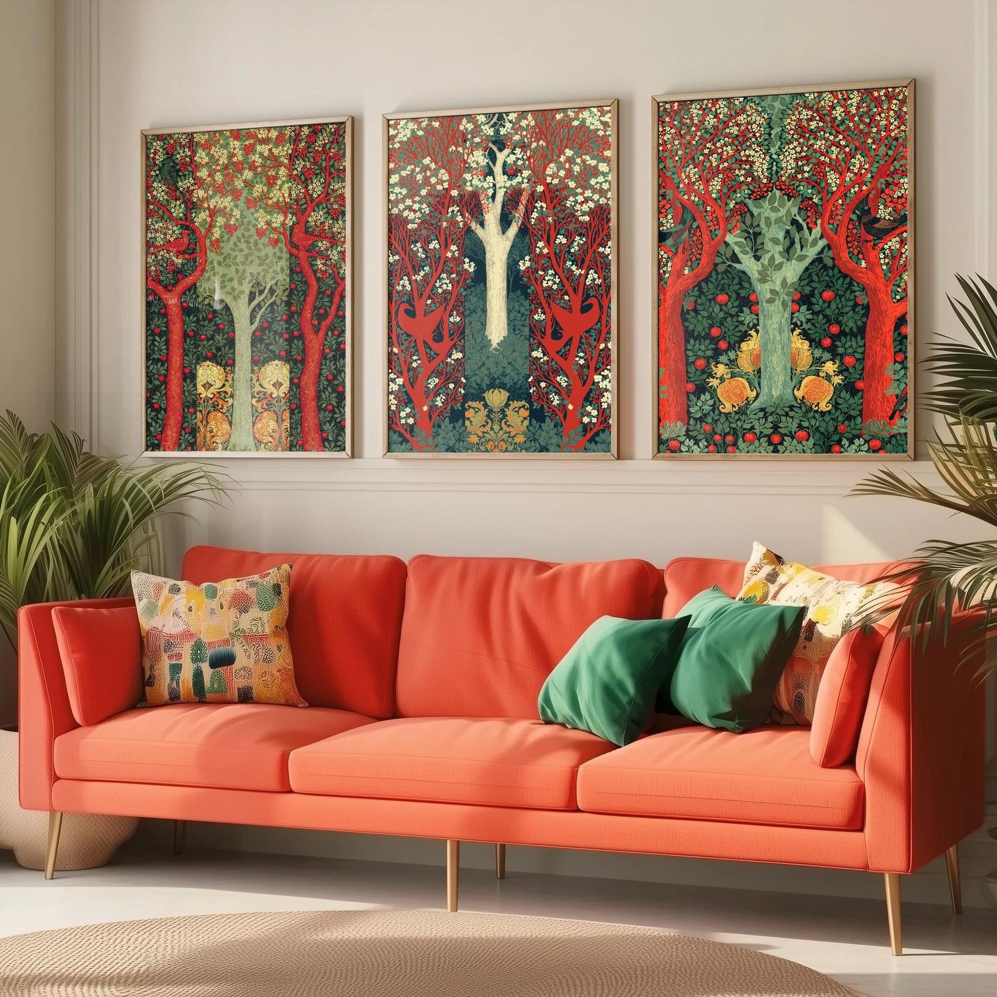 Scottish Book of the Woodlands Set of Three Art Prints - Scarlet and Sage Orchard Posters - Hare Peacock Apple Illustration V4