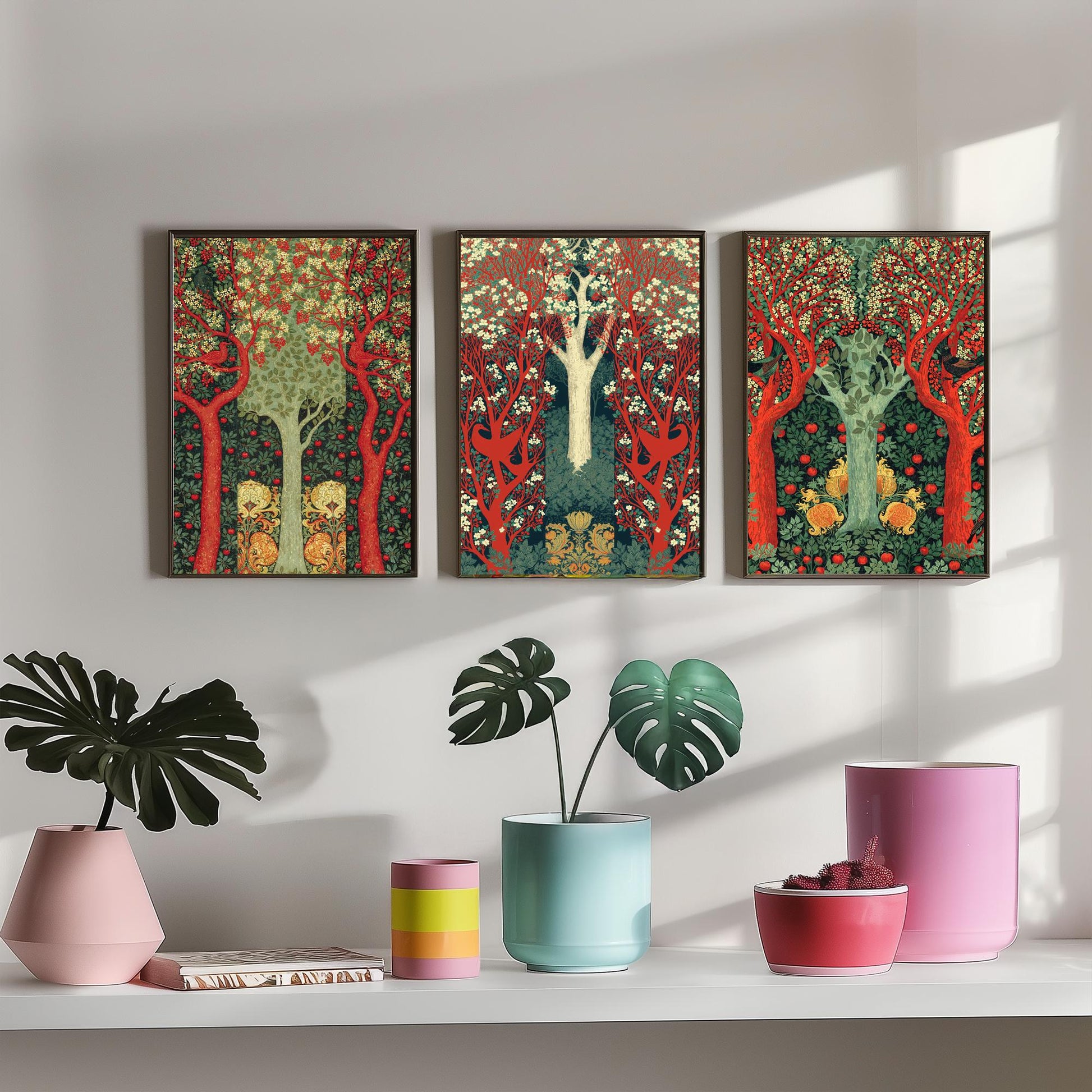 Scottish Book of the Woodlands Set of Three Art Prints - Scarlet and Sage Orchard Posters - Hare Peacock Apple Illustration V4
