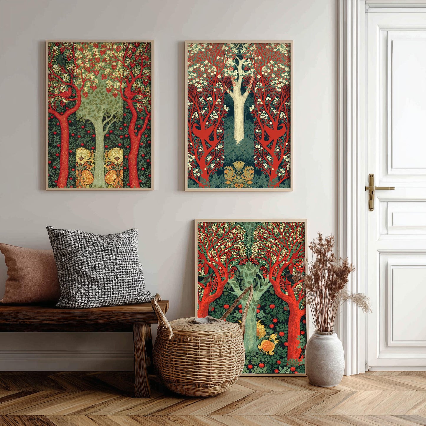 Scottish Book of the Woodlands Set of Three Art Prints - Scarlet and Sage Orchard Posters - Hare Peacock Apple Illustration V4