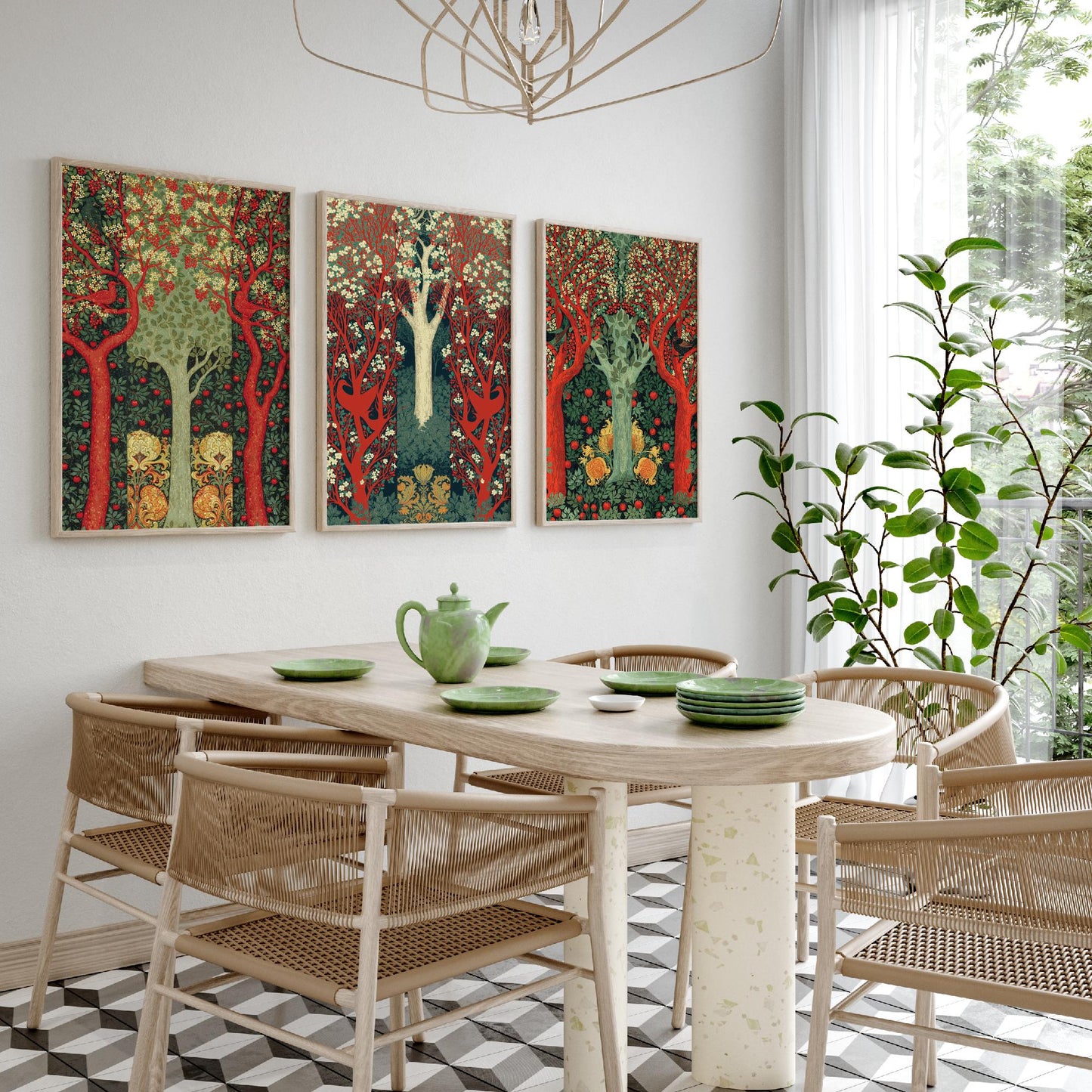 Scottish Book of the Woodlands Set of Three Art Prints - Scarlet and Sage Orchard Posters - Hare Peacock Apple Illustration V4
