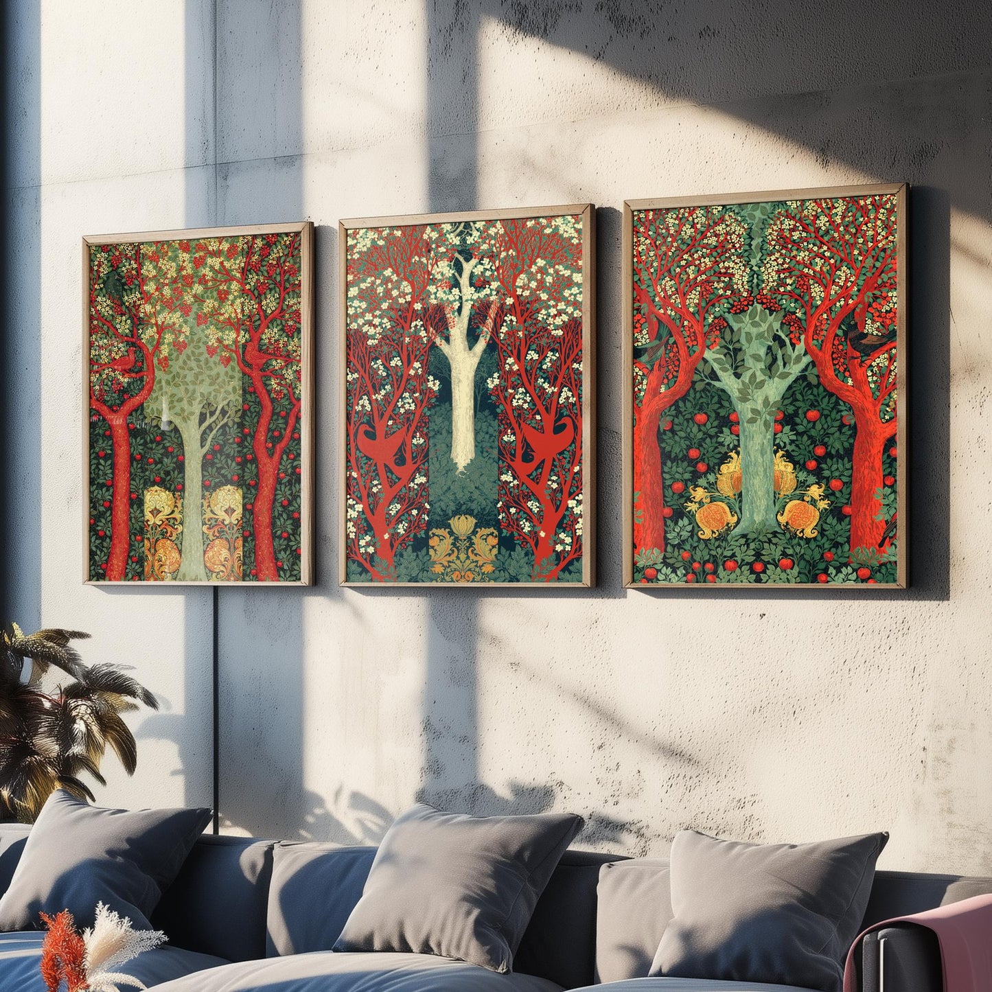 Scottish Book of the Woodlands Set of Three Art Prints - Scarlet and Sage Orchard Posters - Hare Peacock Apple Illustration V4