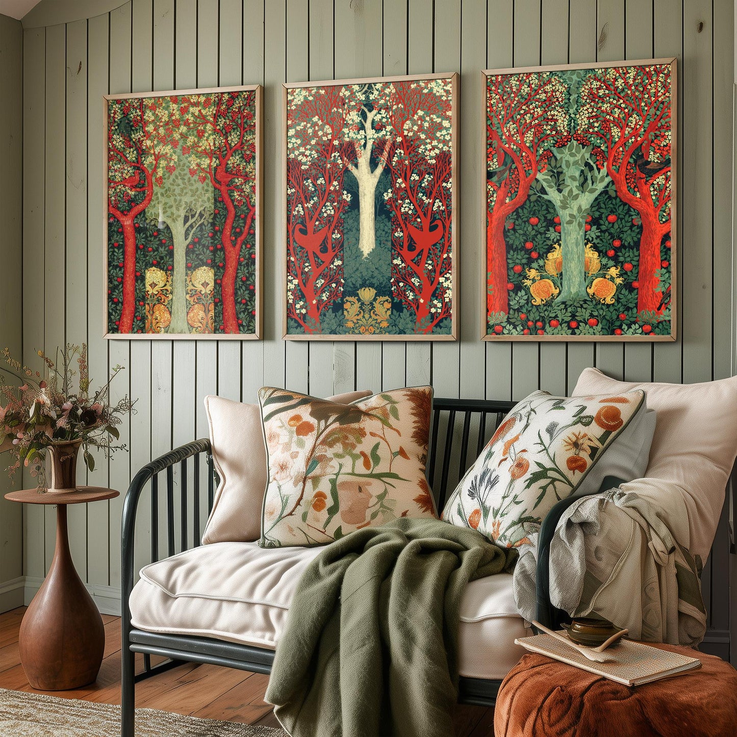 Scottish Book of the Woodlands Set of Three Art Prints - Scarlet and Sage Orchard Posters - Hare Peacock Apple Illustration V4