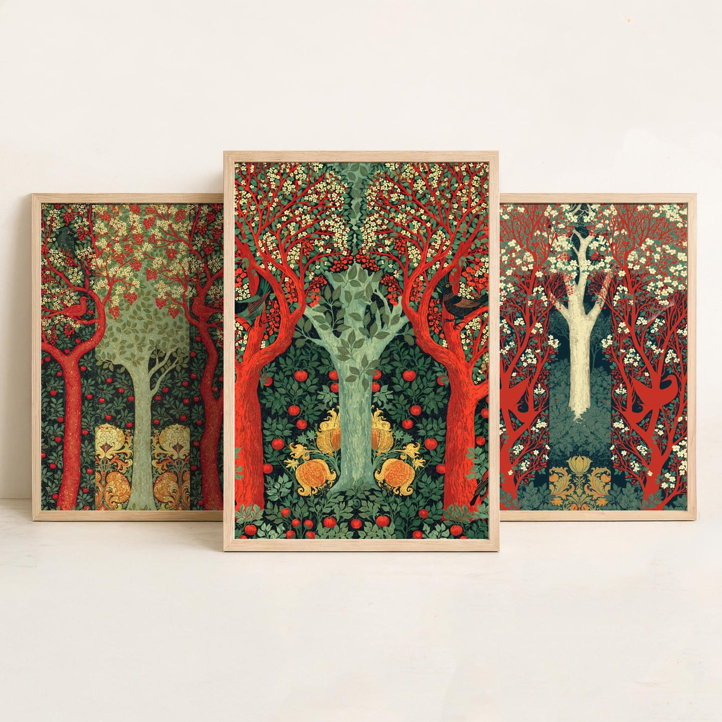 Scottish Book of the Woodlands Set of Three Art Prints - Scarlet and Sage Orchard Posters - Hare Peacock Apple Illustration V4