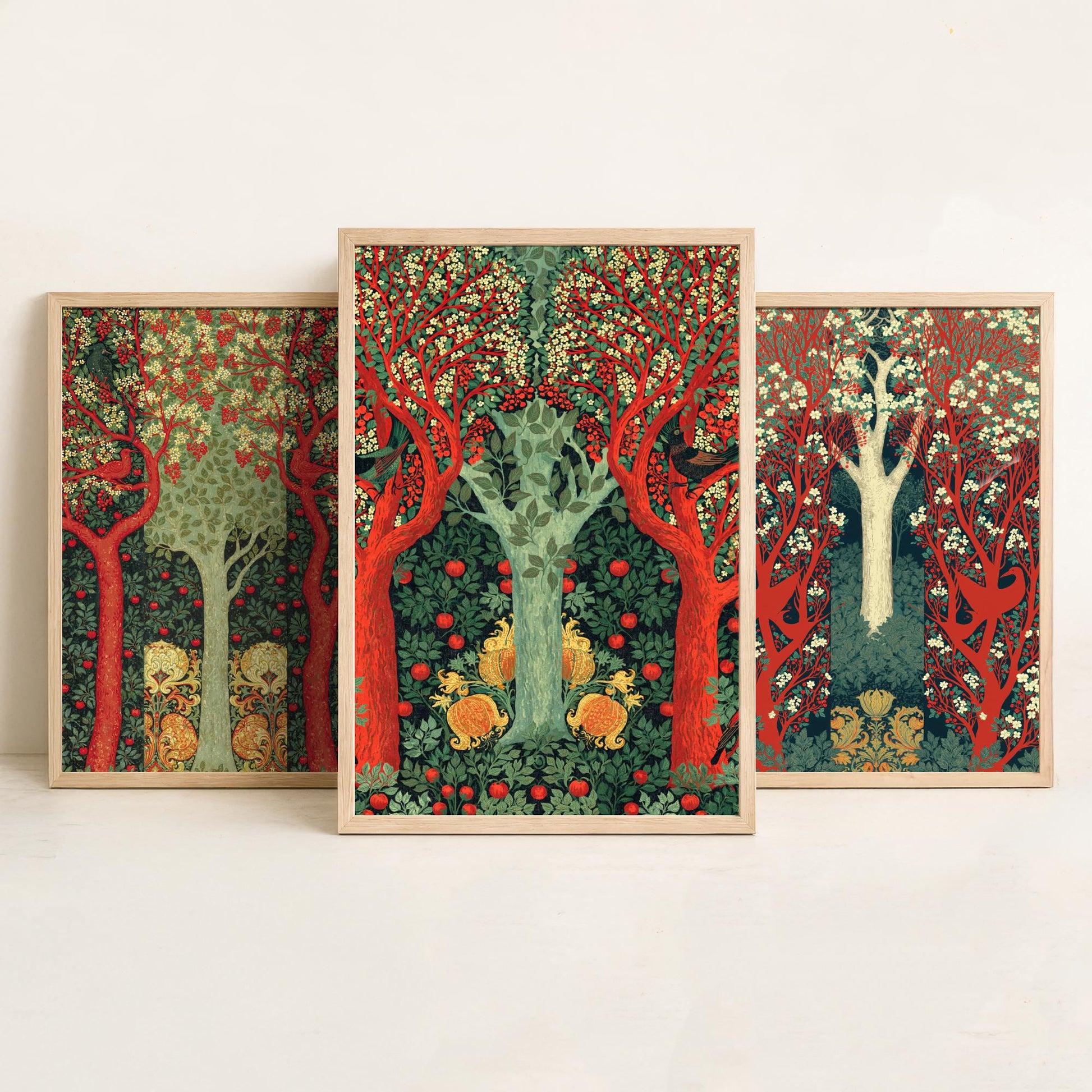 Scottish Book of the Woodlands Set of Three Art Prints - Scarlet and Sage Orchard Posters - Hare Peacock Apple Illustration V4