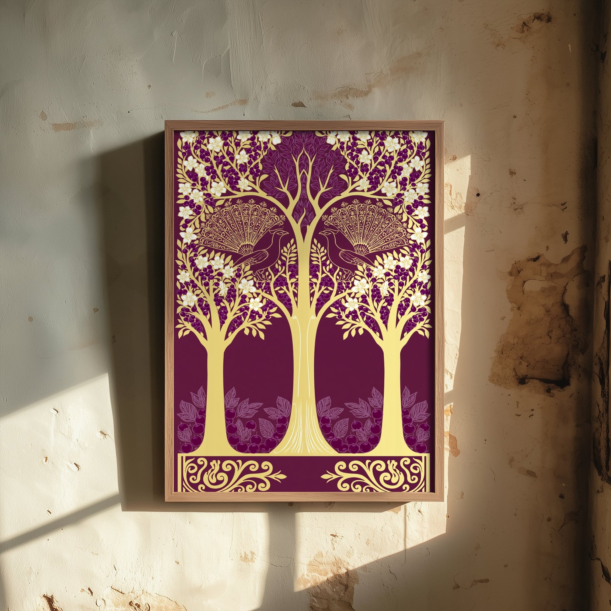 Scottish Woodland Peacock Art Print - Folk Nature Poster - Decorative Illustration - Dining Room Wall Art V5 1/3