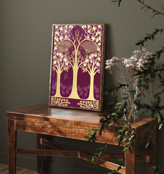 Scottish Woodland Peacock Art Print - Folk Nature Poster - Decorative Illustration - Dining Room Wall Art V5 1/3