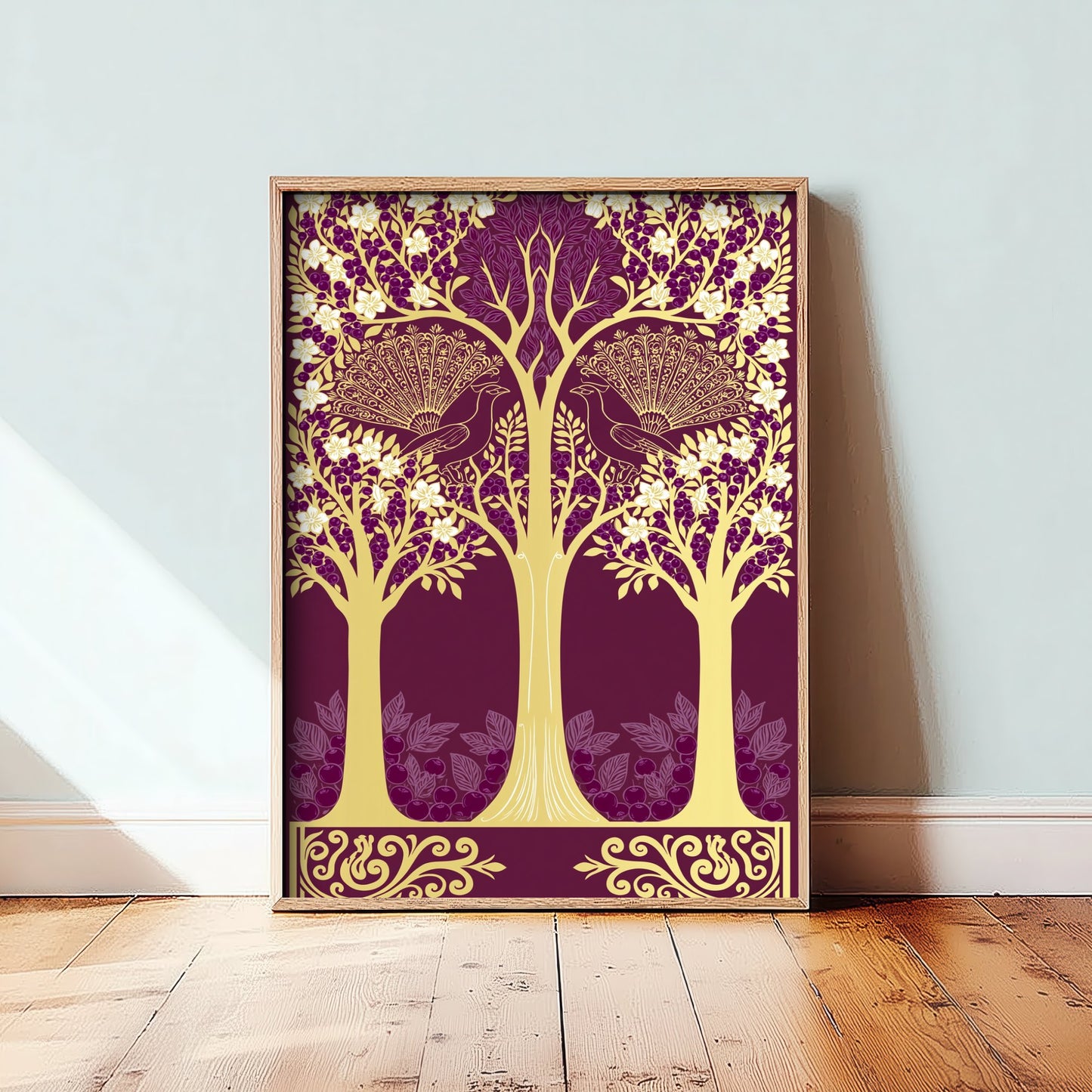 Scottish Woodland Peacock Art Print - Folk Nature Poster - Decorative Illustration - Dining Room Wall Art V5 1/3