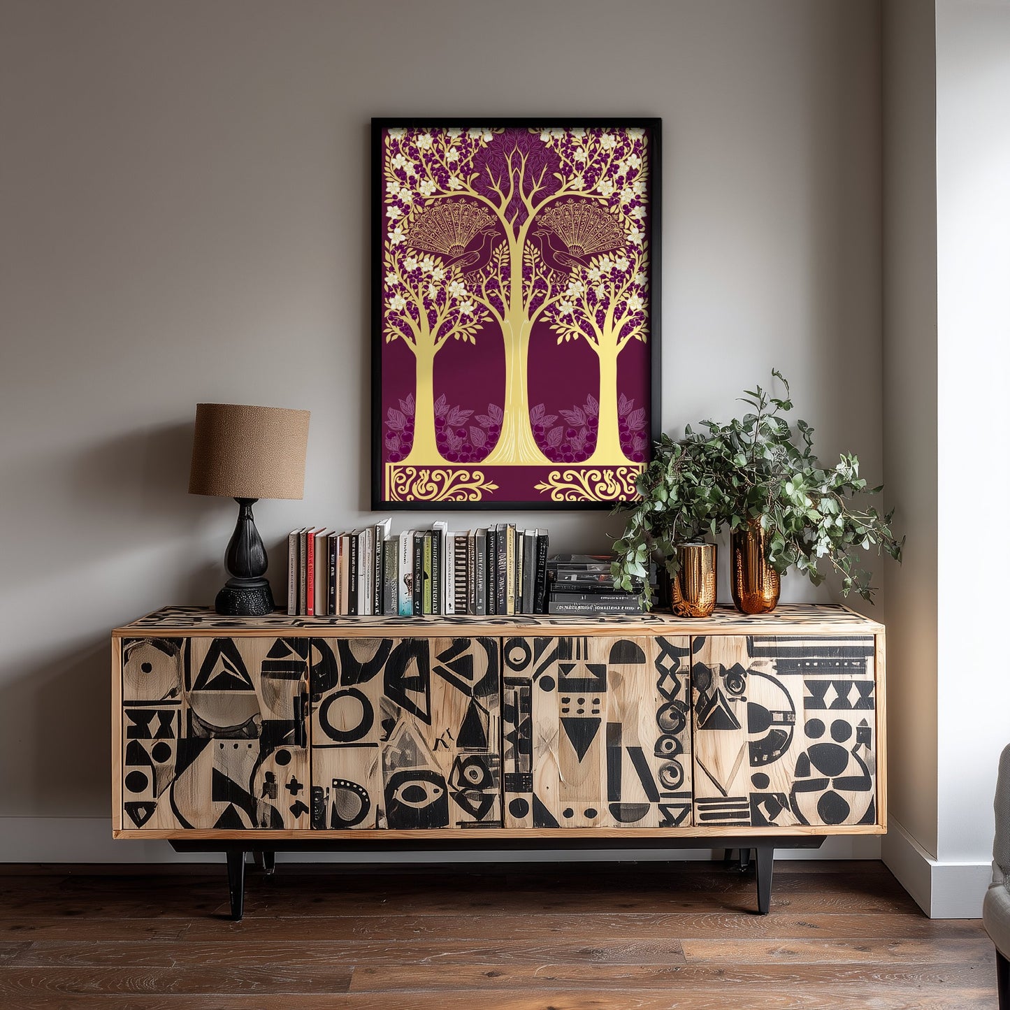 Scottish Woodland Peacock Art Print - Folk Nature Poster - Decorative Illustration - Dining Room Wall Art V5 1/3