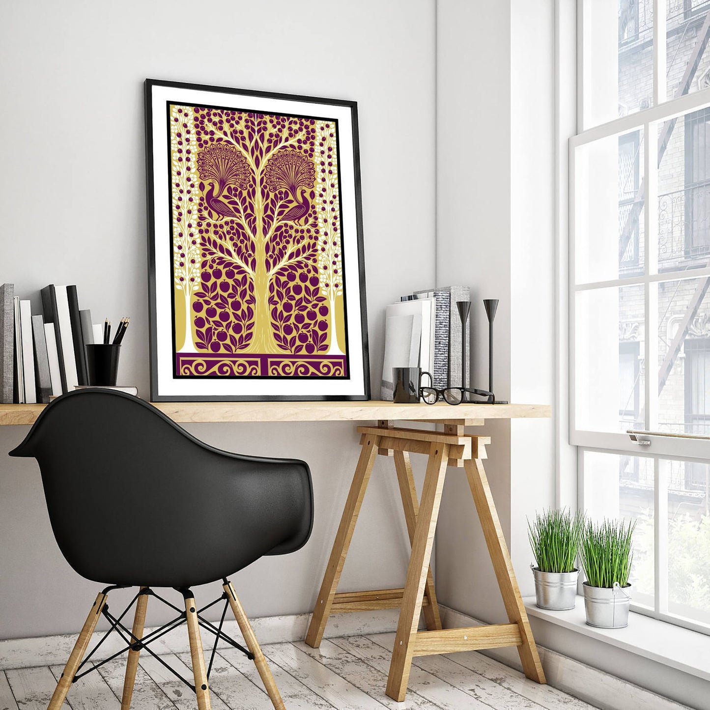 Scottish Woodland Peacock Art Print - Folk Nature Poster - Decorative Illustration - Living Room Wall Art V5 3/3