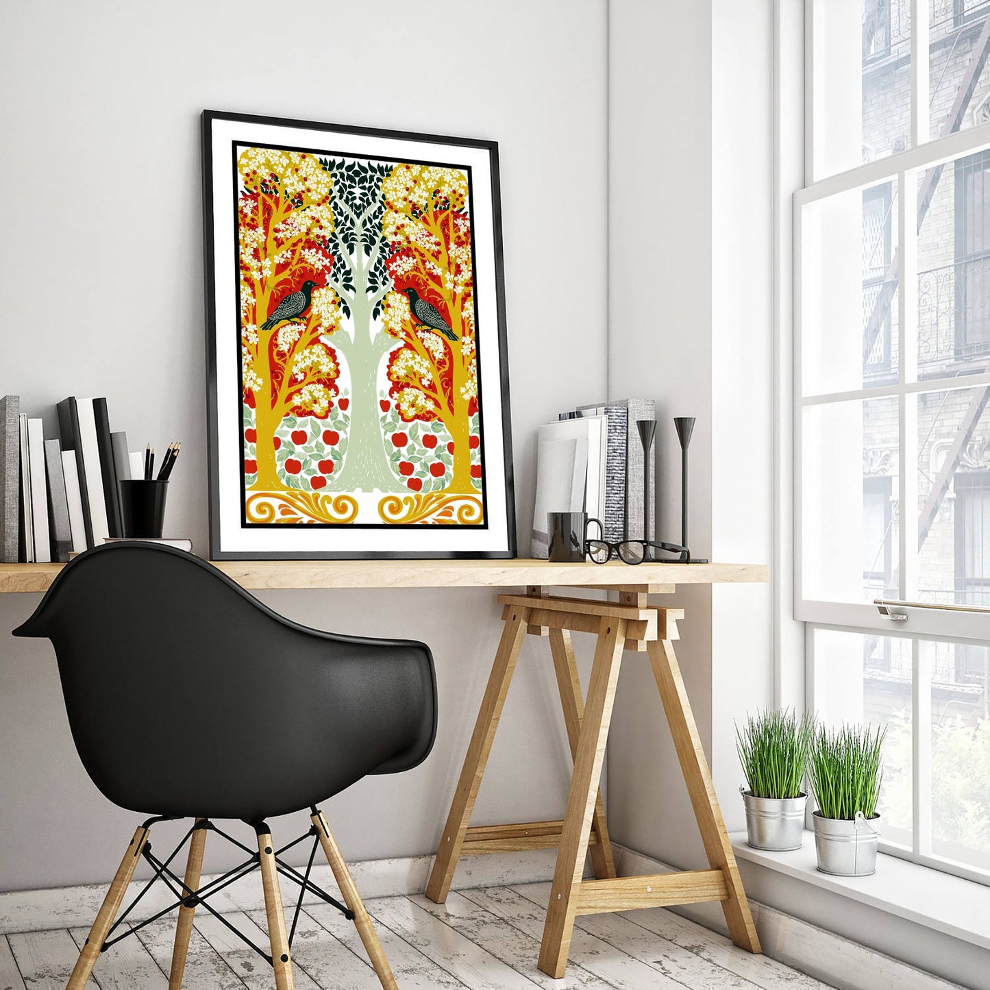 Scottish Woodland Starling Art Print - Folk Nature Poster - Decorative Illustration - Bedroom Wall Art V6 1/3