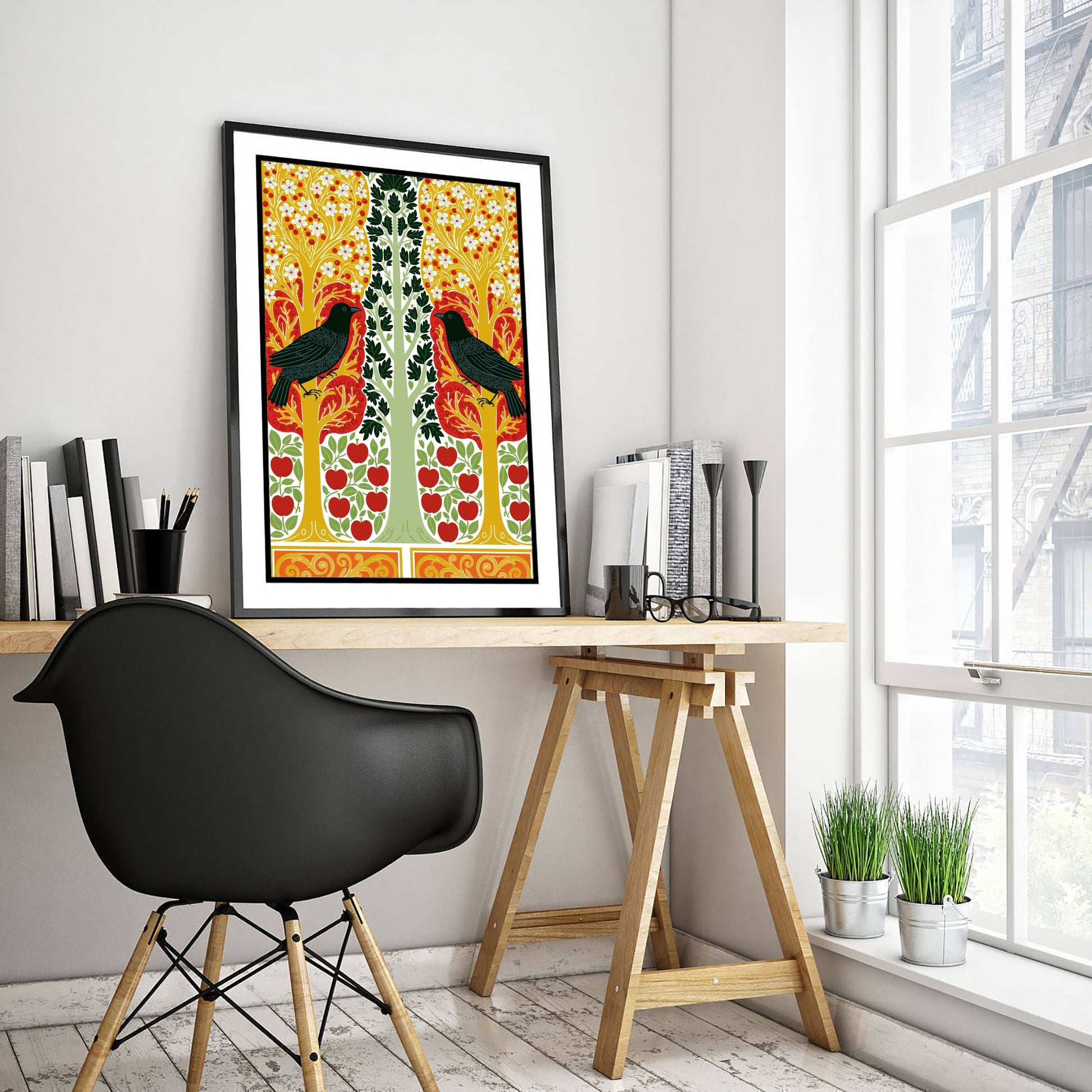 Scottish Woodland Crow Art Print - Folk Nature Poster - Decorative Illustration - Hallway Wall Art V6 2/3
