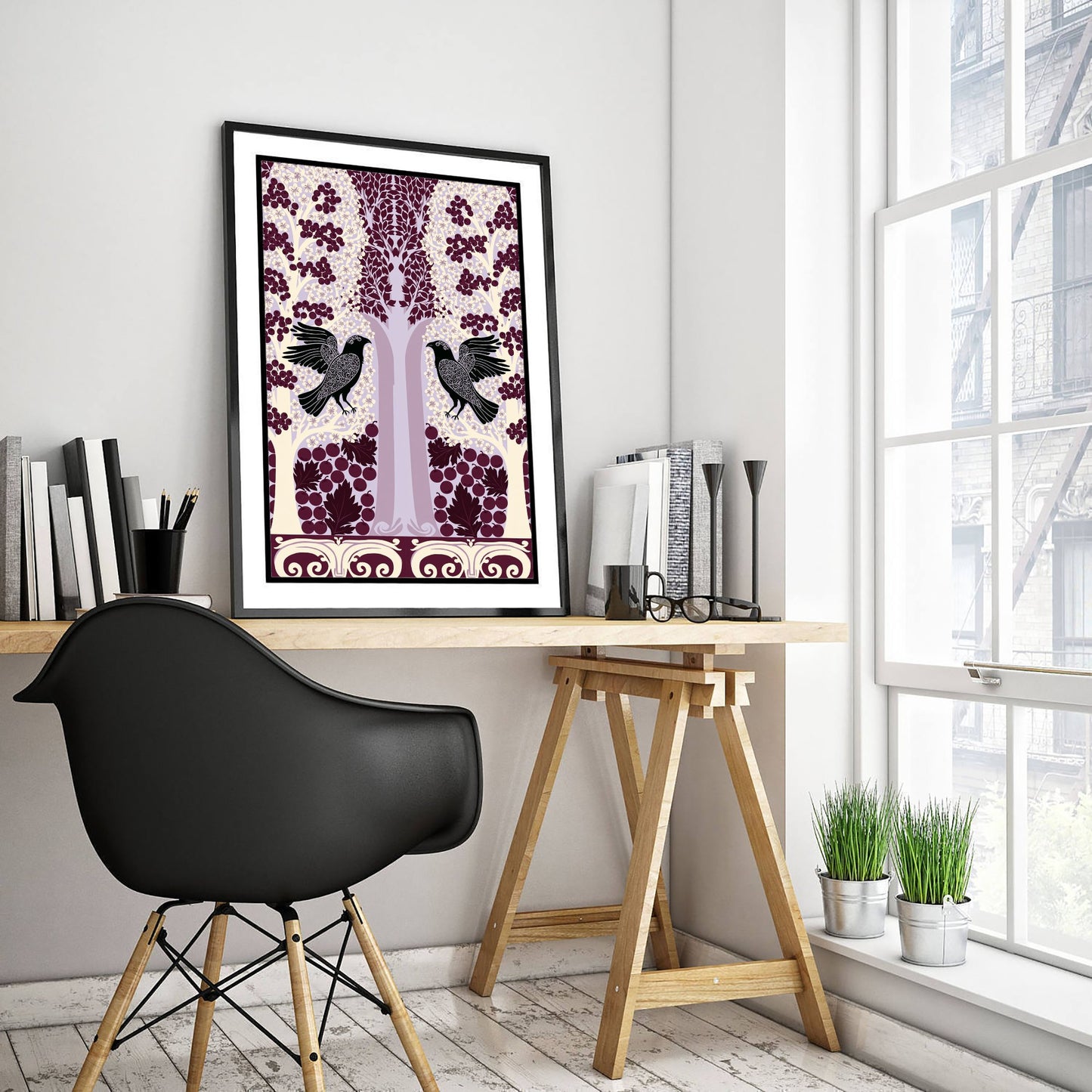 Scottish Woodland Raven Art Print - Folk Nature Poster - Decorative Illustration - Dining Room Wall Art V7 1/3
