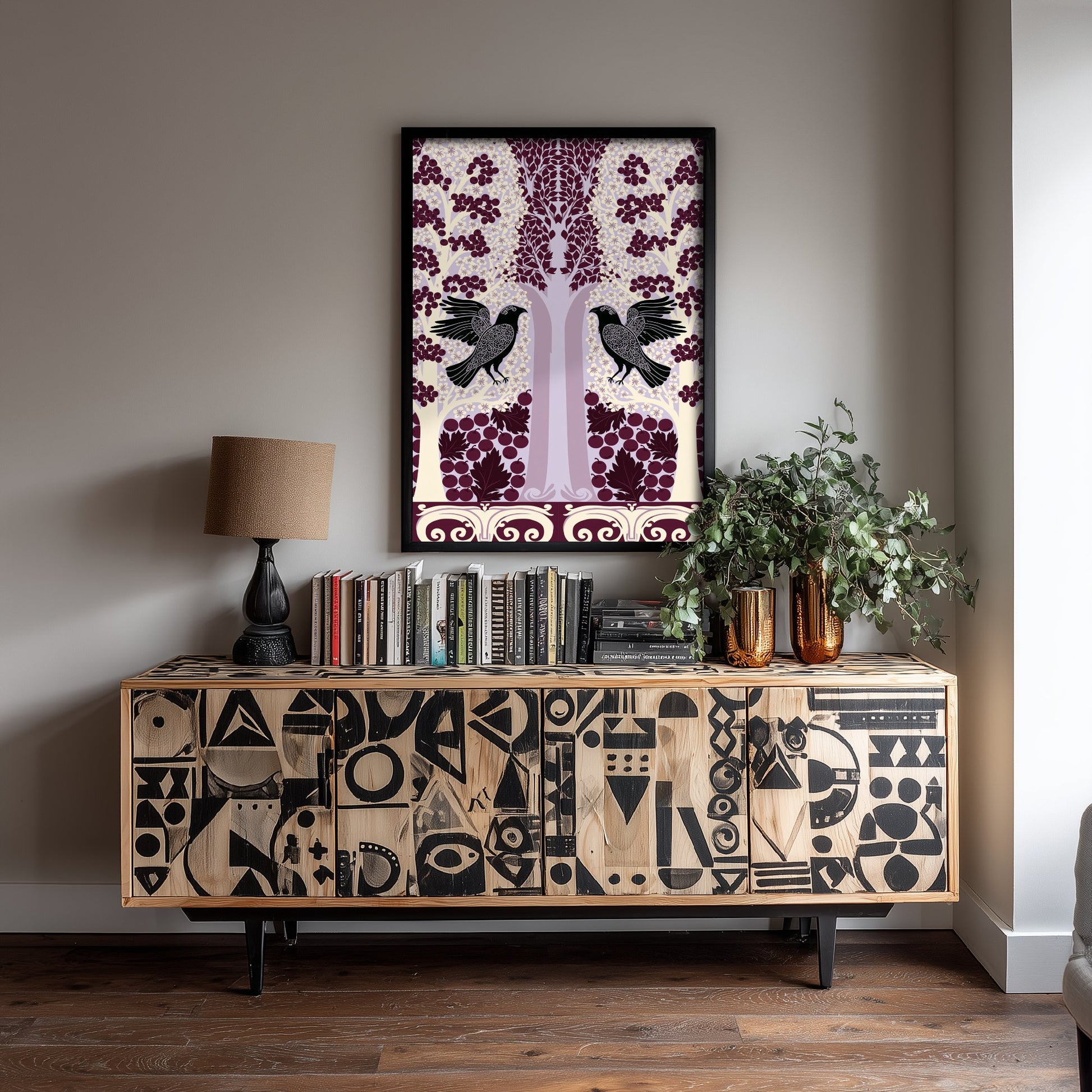 Scottish Woodland Raven Art Print - Folk Nature Poster - Decorative Illustration - Dining Room Wall Art V7 1/3
