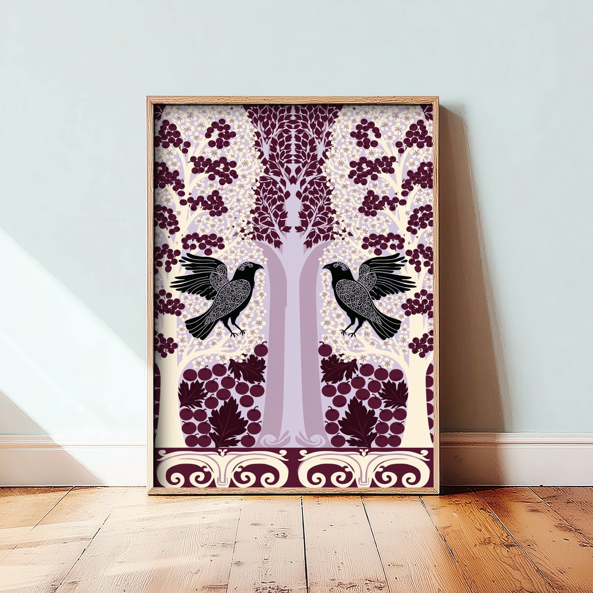 Scottish Woodland Raven Art Print - Folk Nature Poster - Decorative Illustration - Dining Room Wall Art V7 1/3