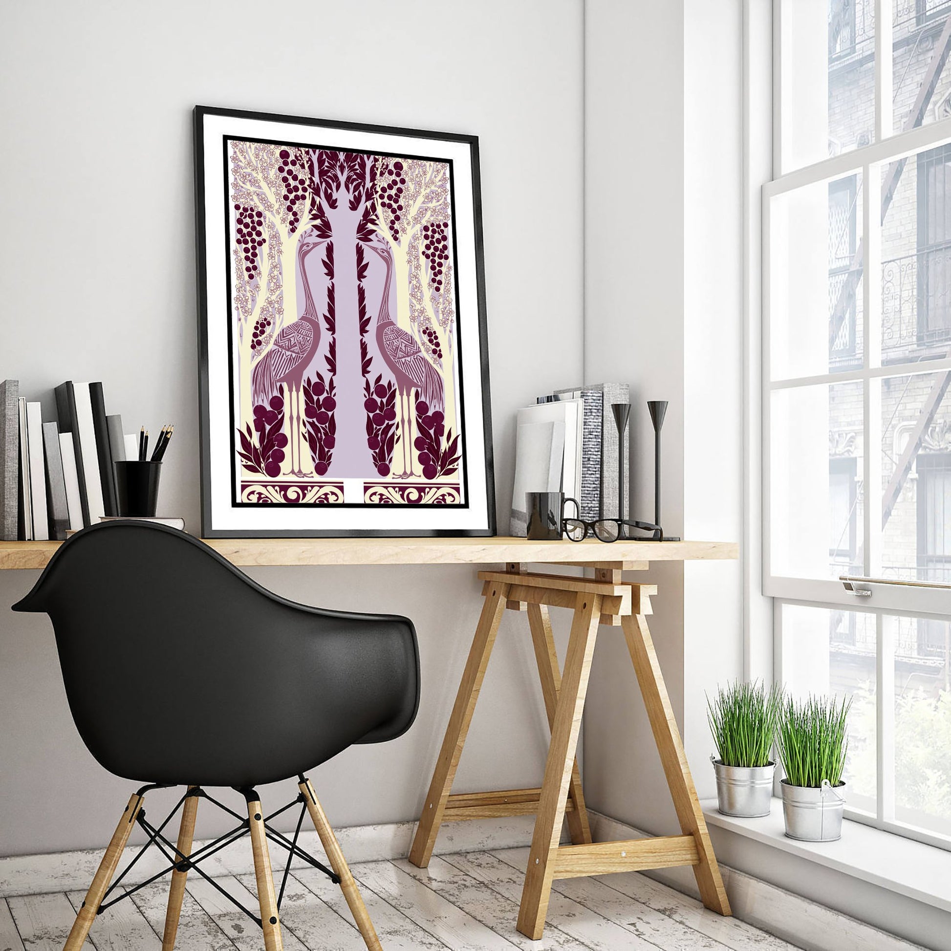 Scottish Woodland Heron Art Print - Folk Nature Poster - Decorative Illustration - Nursery Wall Art V7 2/3