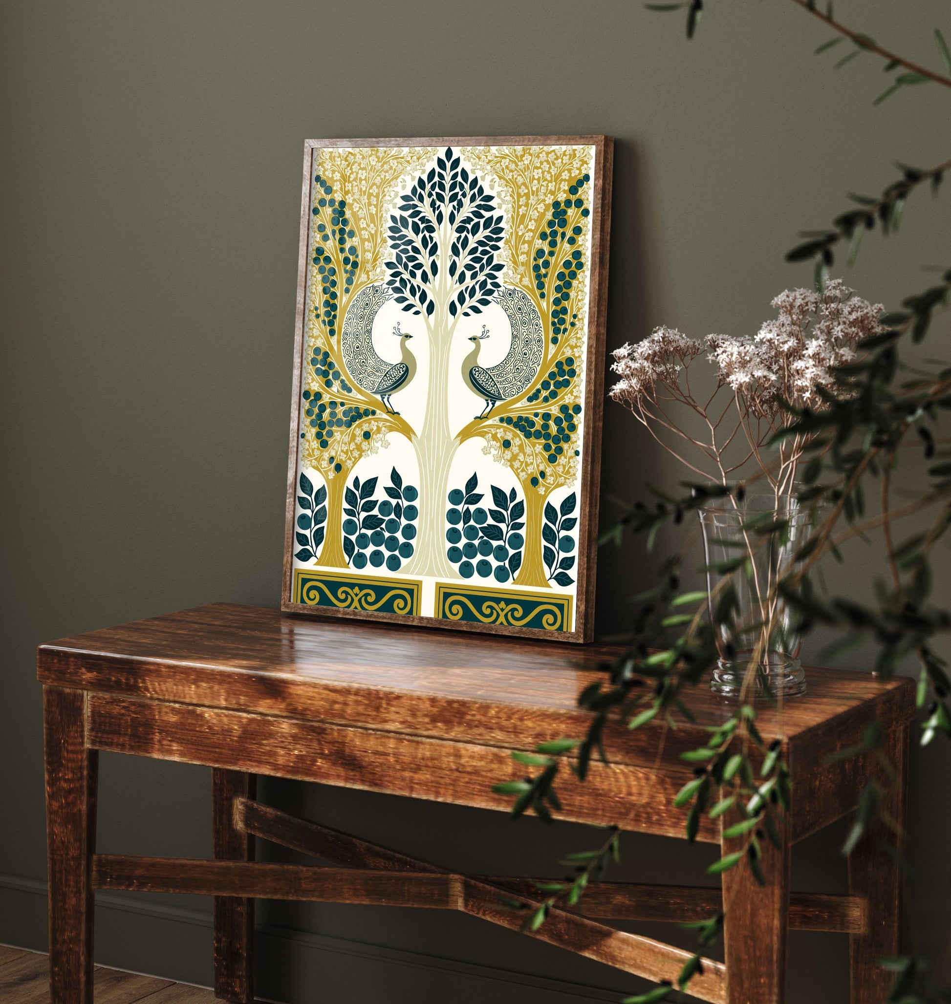 Scottish Woodland Peacock Art Print - Folk Nature Poster - Decorative Illustration - Dining Room Wall Art V9 1/3