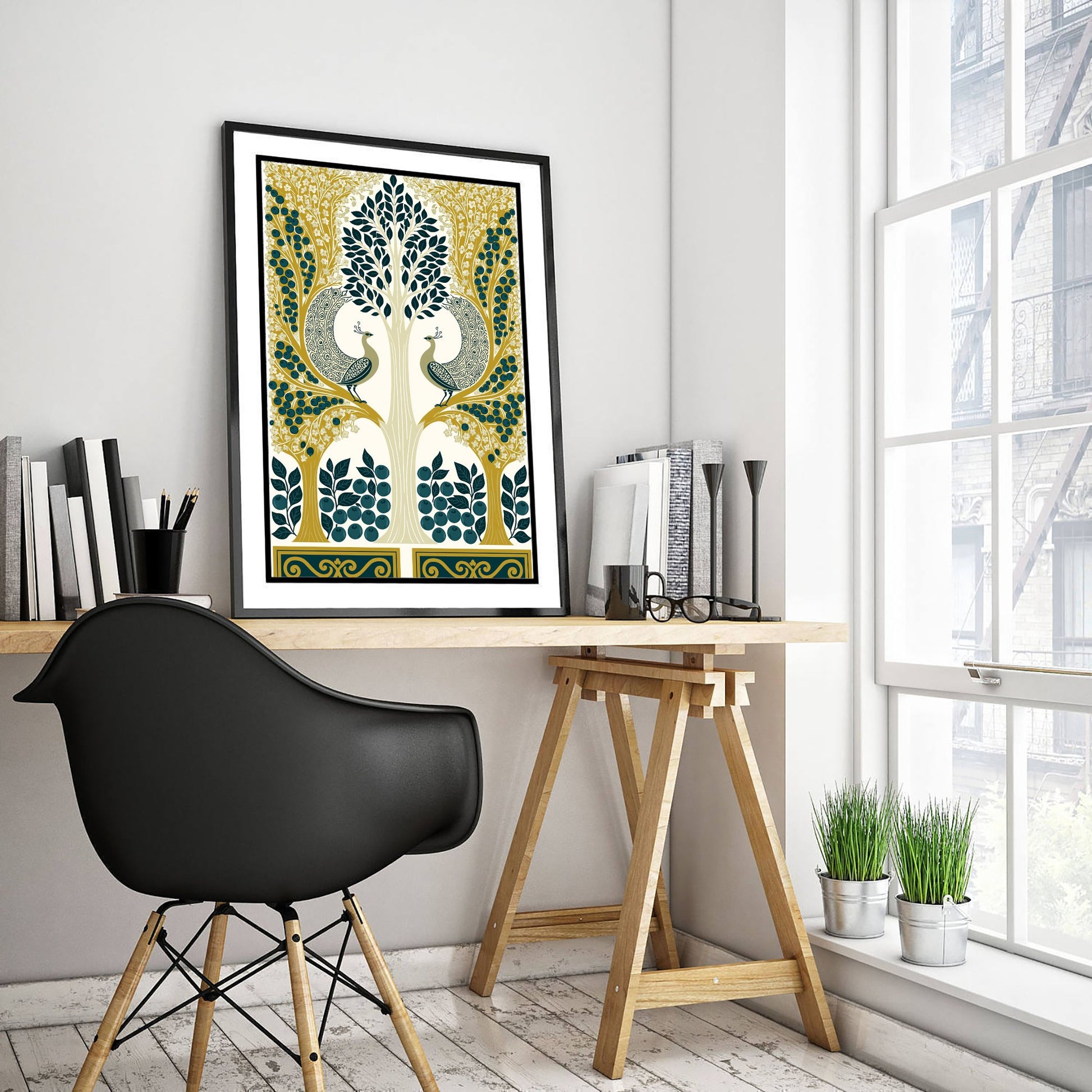 Scottish Woodland Peacock Art Print - Folk Nature Poster - Decorative Illustration - Dining Room Wall Art V9 1/3