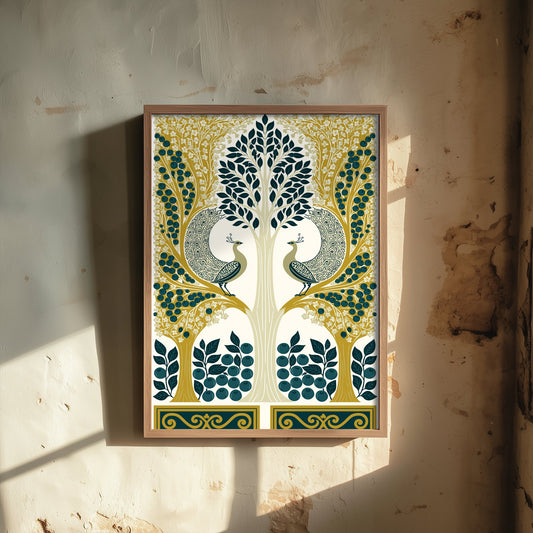 Scottish Woodland Peacock Art Print - Folk Nature Poster - Decorative Illustration - Dining Room Wall Art V9 1/3