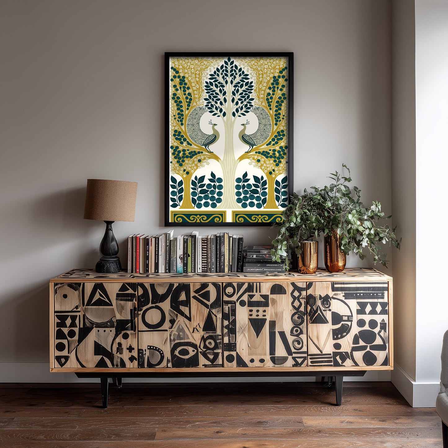 Scottish Woodland Peacock Art Print - Folk Nature Poster - Decorative Illustration - Dining Room Wall Art V9 1/3