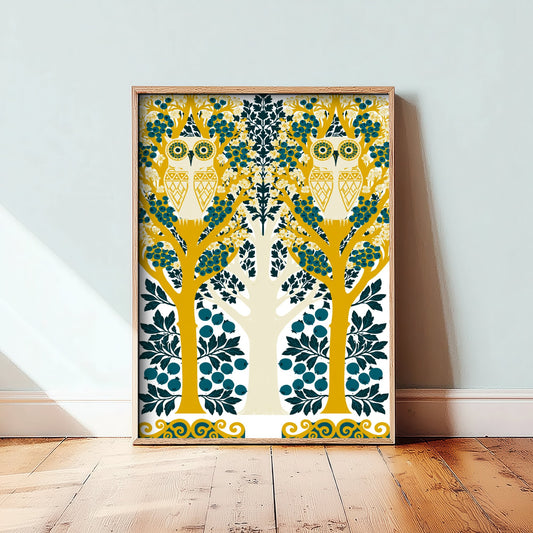 Scottish Woodland Owl Art Print - Folk Nature Poster - Decorative Illustration - Living Room Wall Art V9 3/3