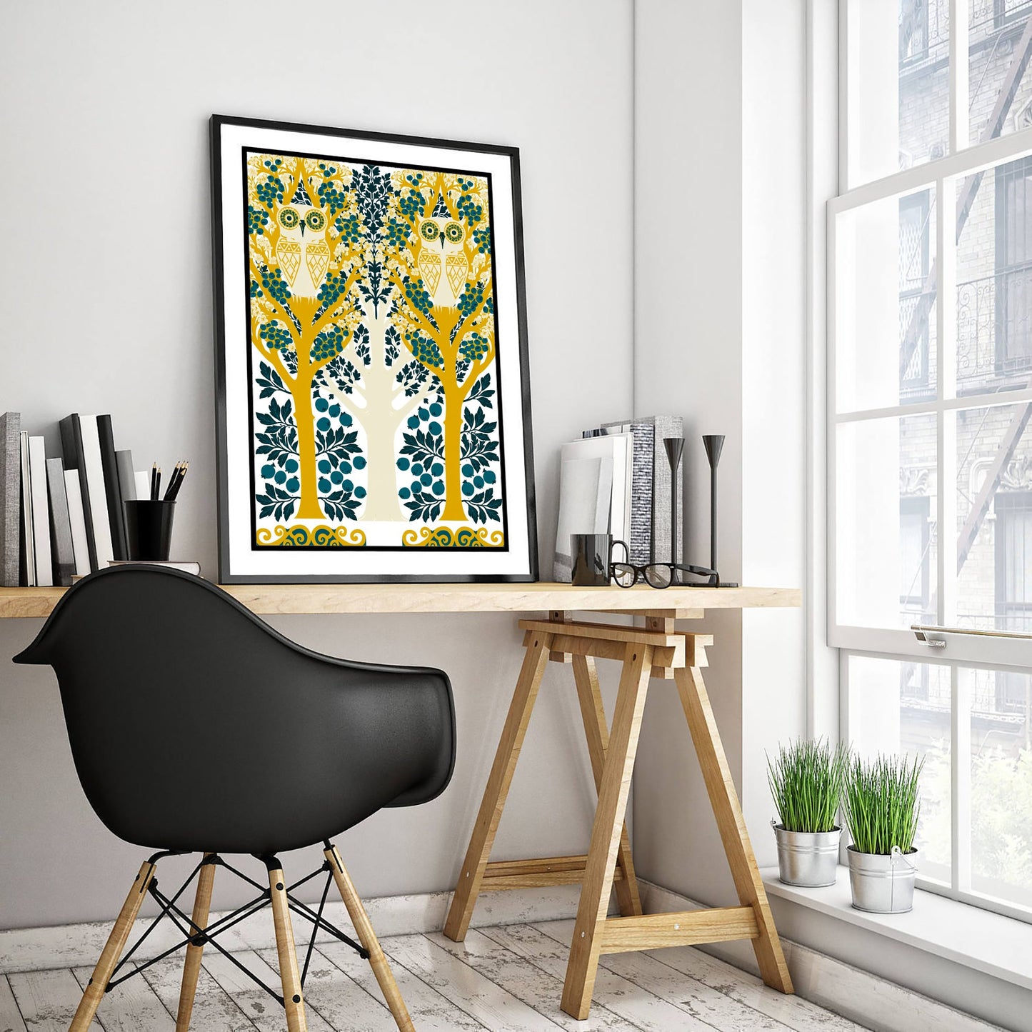 Scottish Woodland Owl Art Print - Folk Nature Poster - Decorative Illustration - Living Room Wall Art V9 3/3