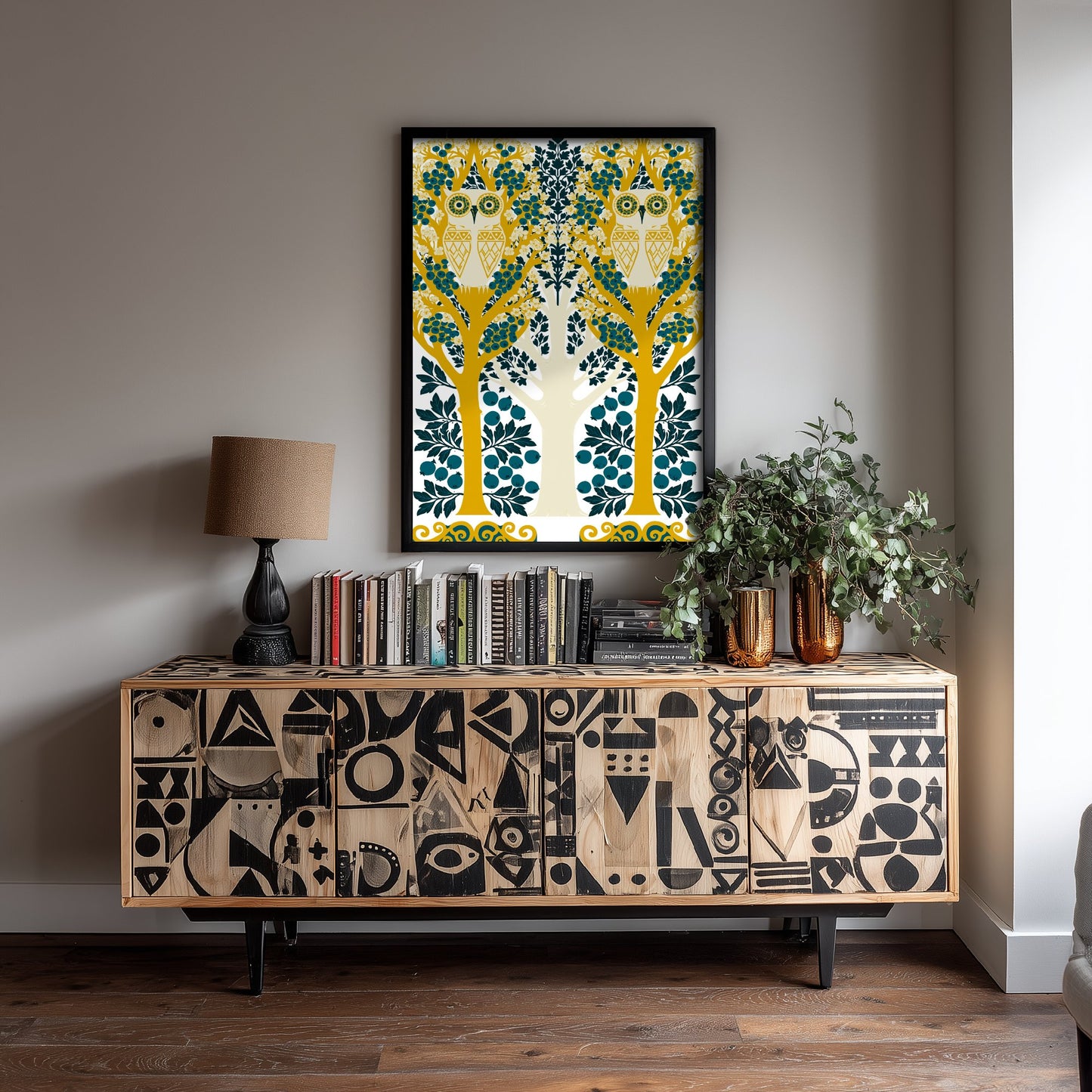 Scottish Woodland Owl Art Print - Folk Nature Poster - Decorative Illustration - Living Room Wall Art V9 3/3