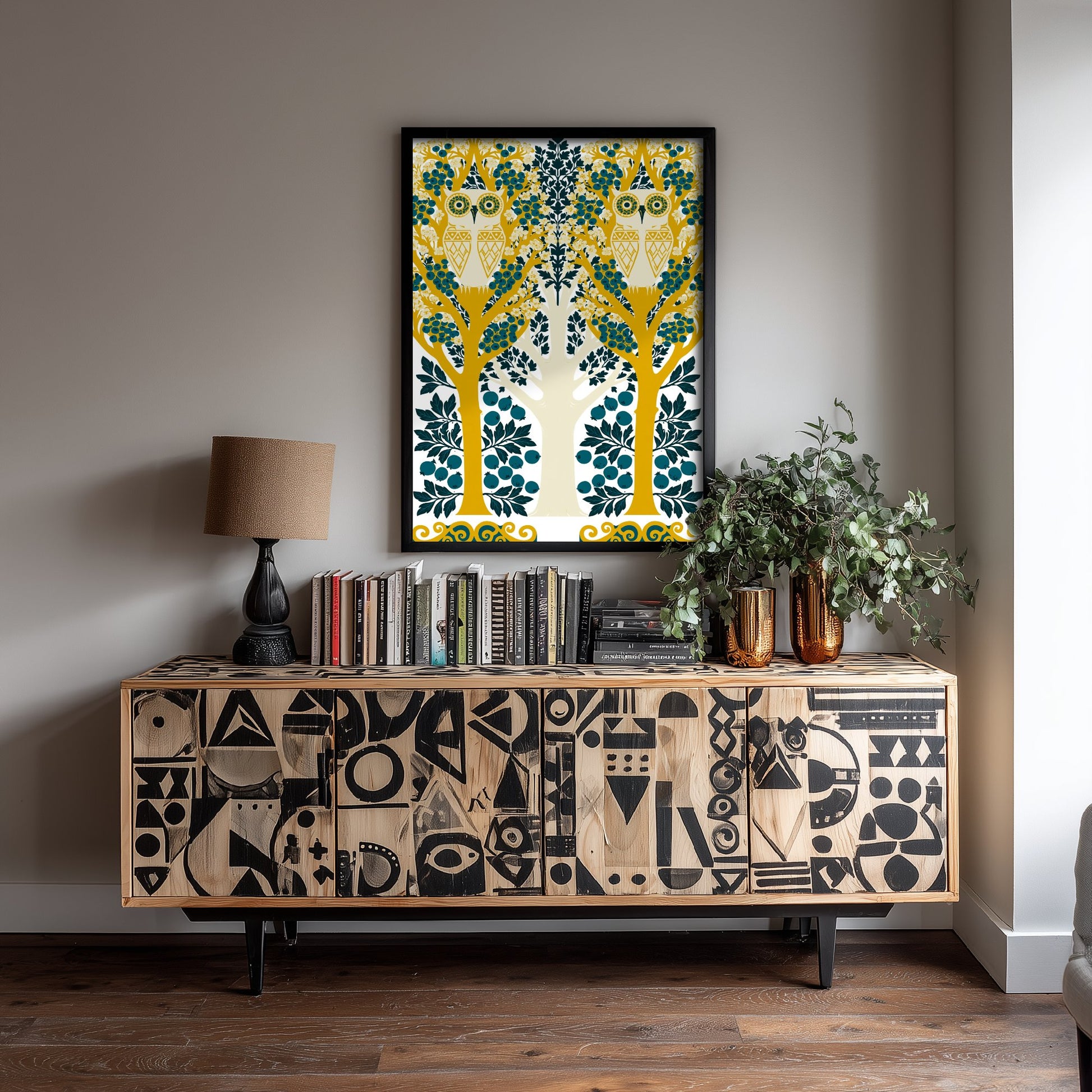 Scottish Woodland Owl Art Print - Folk Nature Poster - Decorative Illustration - Living Room Wall Art V9 3/3