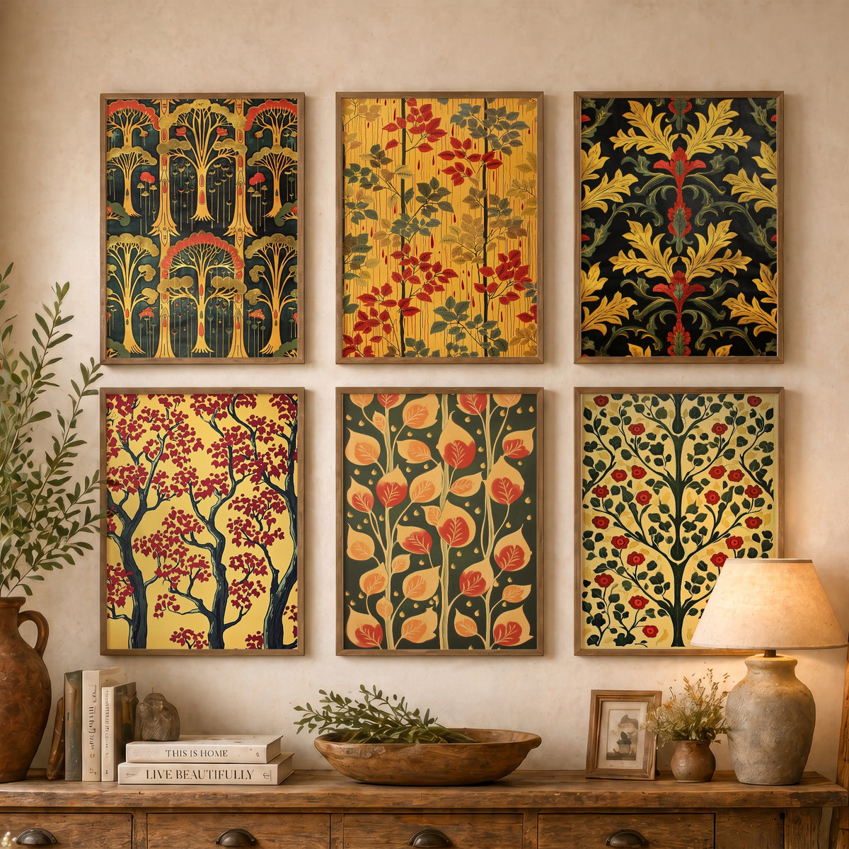 Set of Six Woodland Pattern Art Prints - 6 Art Nouveau Tree and Leaf Posters - Yellow, Red and Forest Green Decorative Painting