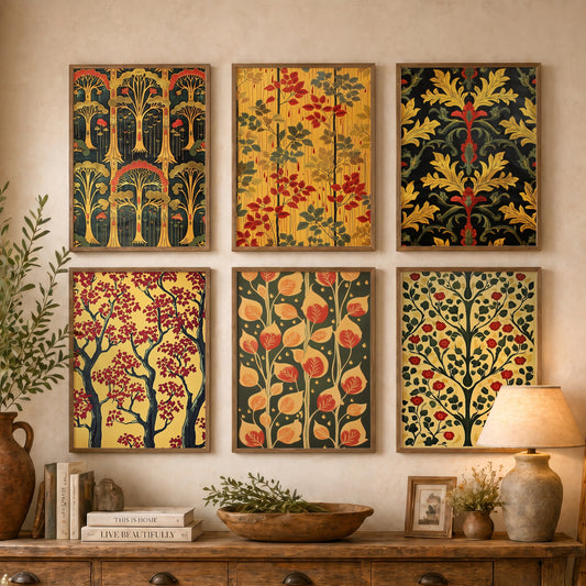 Set of Six Woodland Pattern Art Prints - 6 Art Nouveau Tree and Leaf Posters - Yellow, Red and Forest Green Decorative Painting