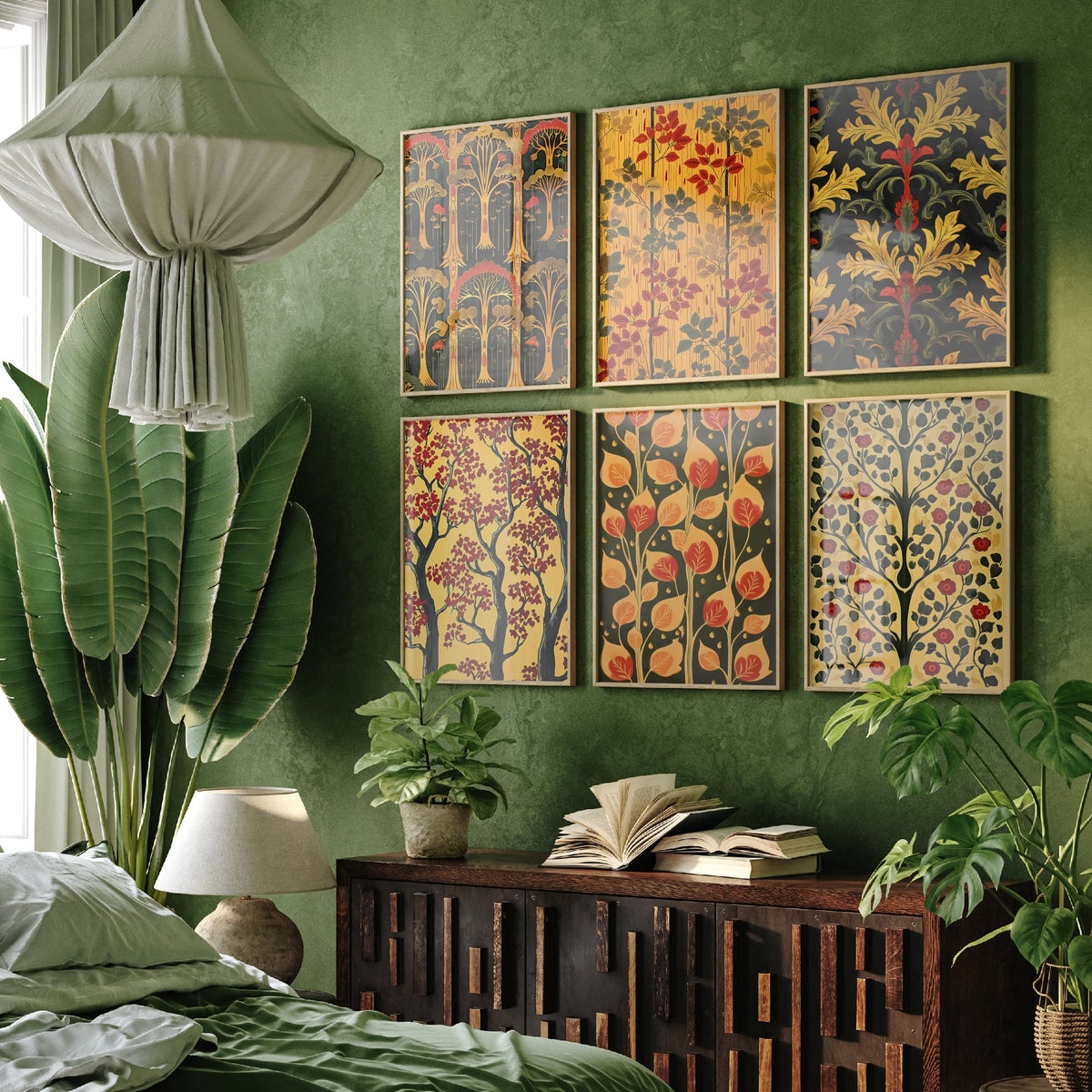 Set of Six Woodland Pattern Art Prints - 6 Art Nouveau Tree and Leaf Posters - Yellow, Red and Forest Green Decorative Painting