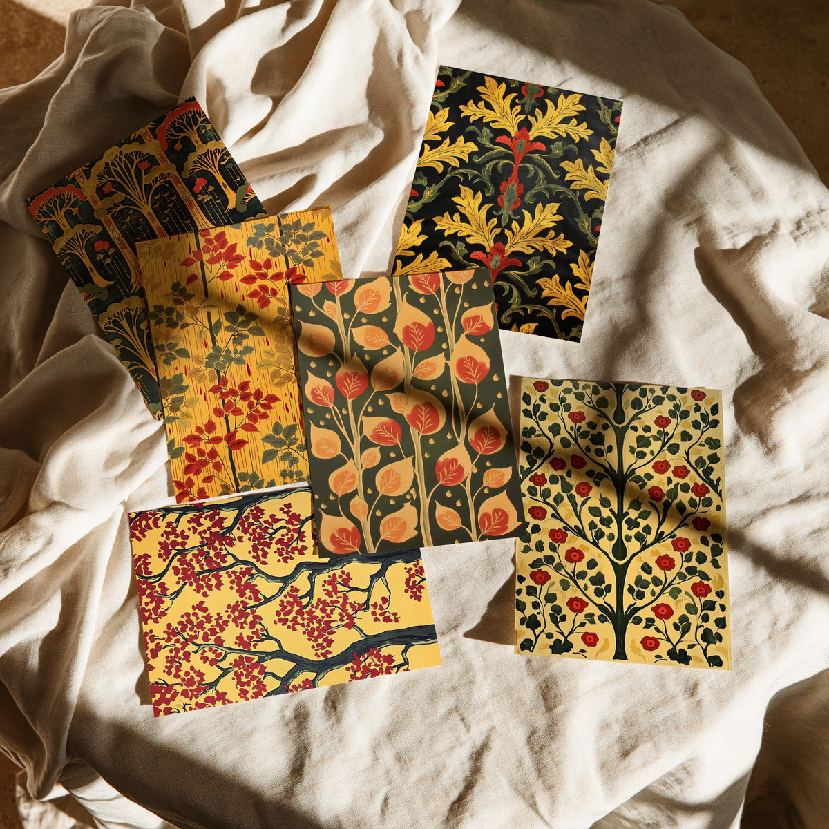 Set of Six Woodland Pattern Art Prints - 6 Art Nouveau Tree and Leaf Posters - Yellow, Red and Forest Green Decorative Painting