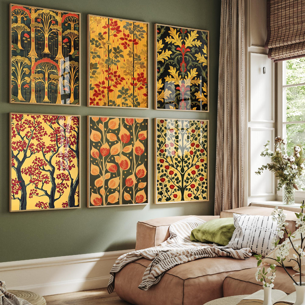 Set of Six Woodland Pattern Art Prints - 6 Art Nouveau Tree and Leaf Posters - Yellow, Red and Forest Green Decorative Painting