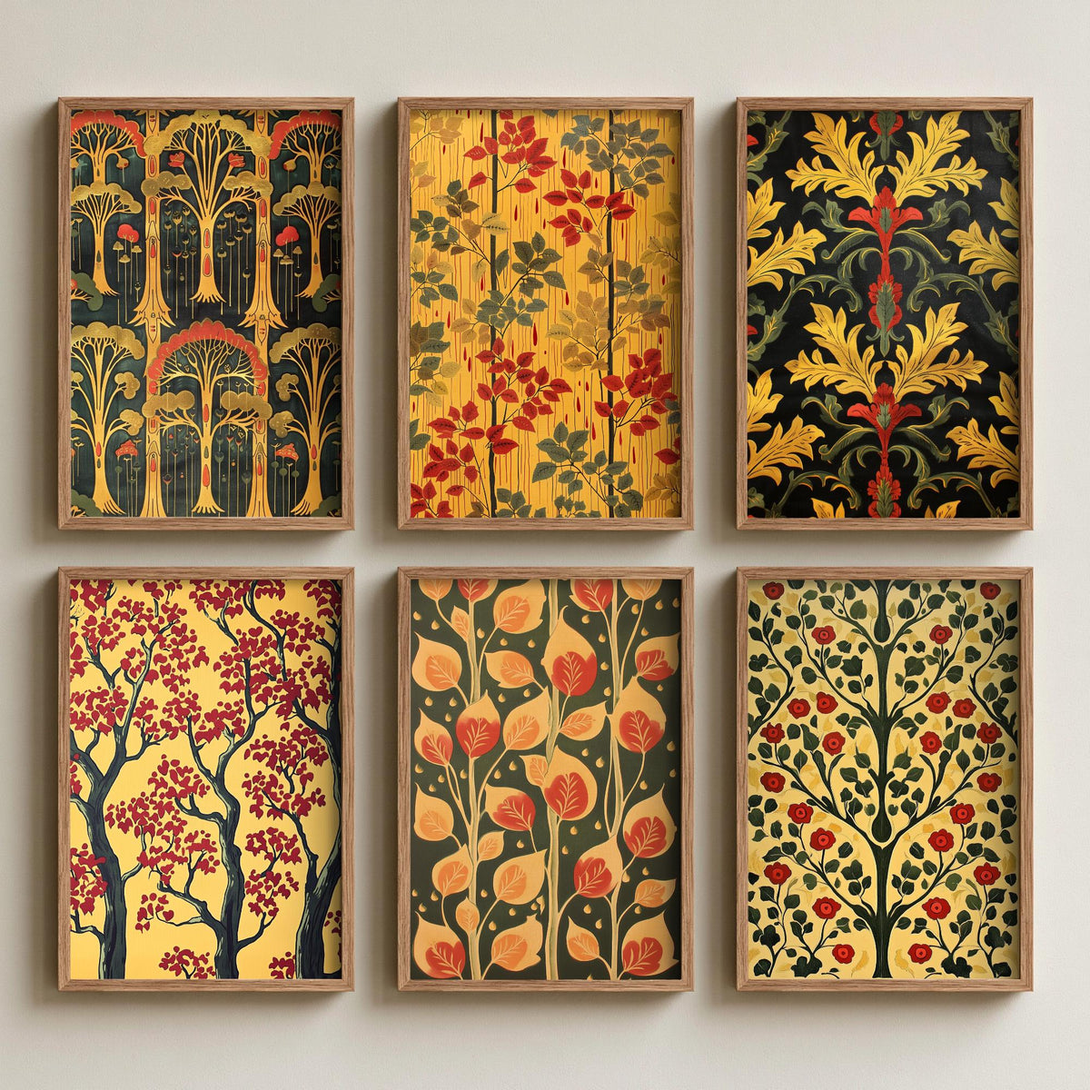 Set of Six Woodland Pattern Art Prints - 6 Art Nouveau Tree and Leaf Posters - Yellow, Red and Forest Green Decorative Painting