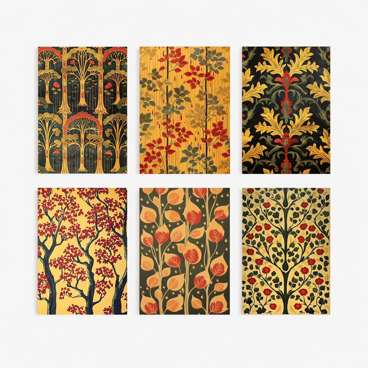Set of Six Woodland Pattern Art Prints - 6 Art Nouveau Tree and Leaf Posters - Yellow, Red and Forest Green Decorative Painting