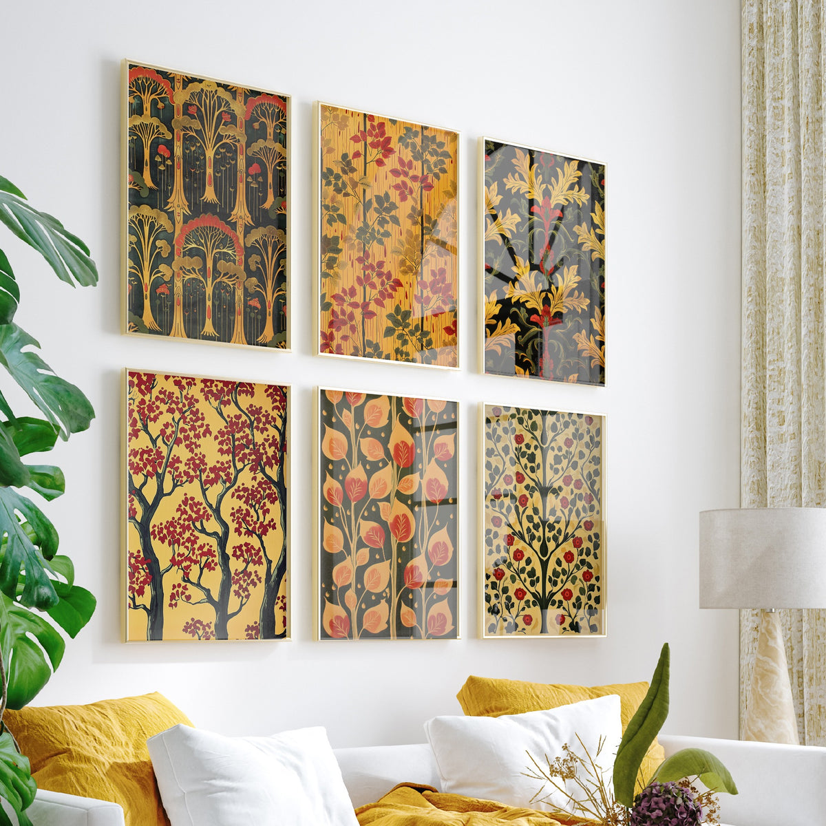 Set of Six Woodland Pattern Art Prints - 6 Art Nouveau Tree and Leaf Posters - Yellow, Red and Forest Green Decorative Painting