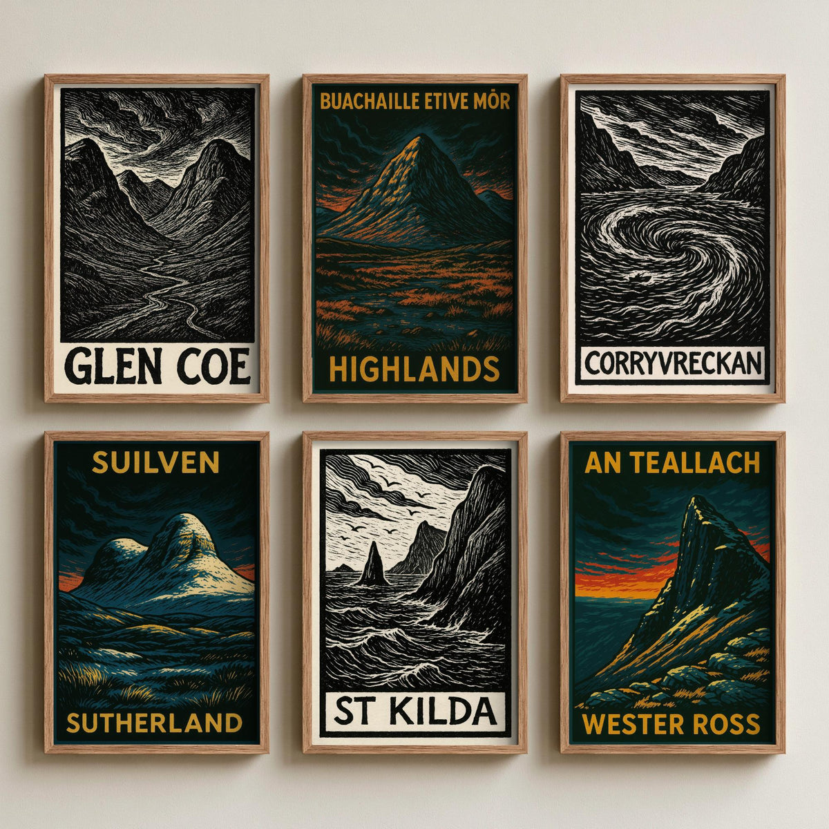 Set of Six Scottish Highlands Art Prints - 6 Woodcut Posters - Glen Coe, Buachaille Etive Mor, Corryvreckan, Suilven, St Kilda, An Teallach